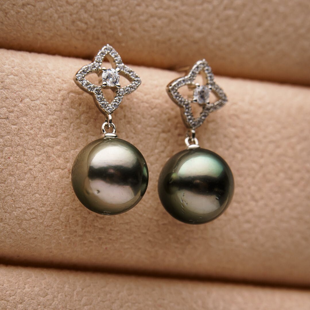 10mm gray genuine cultured tahitian pearl stud earrings
