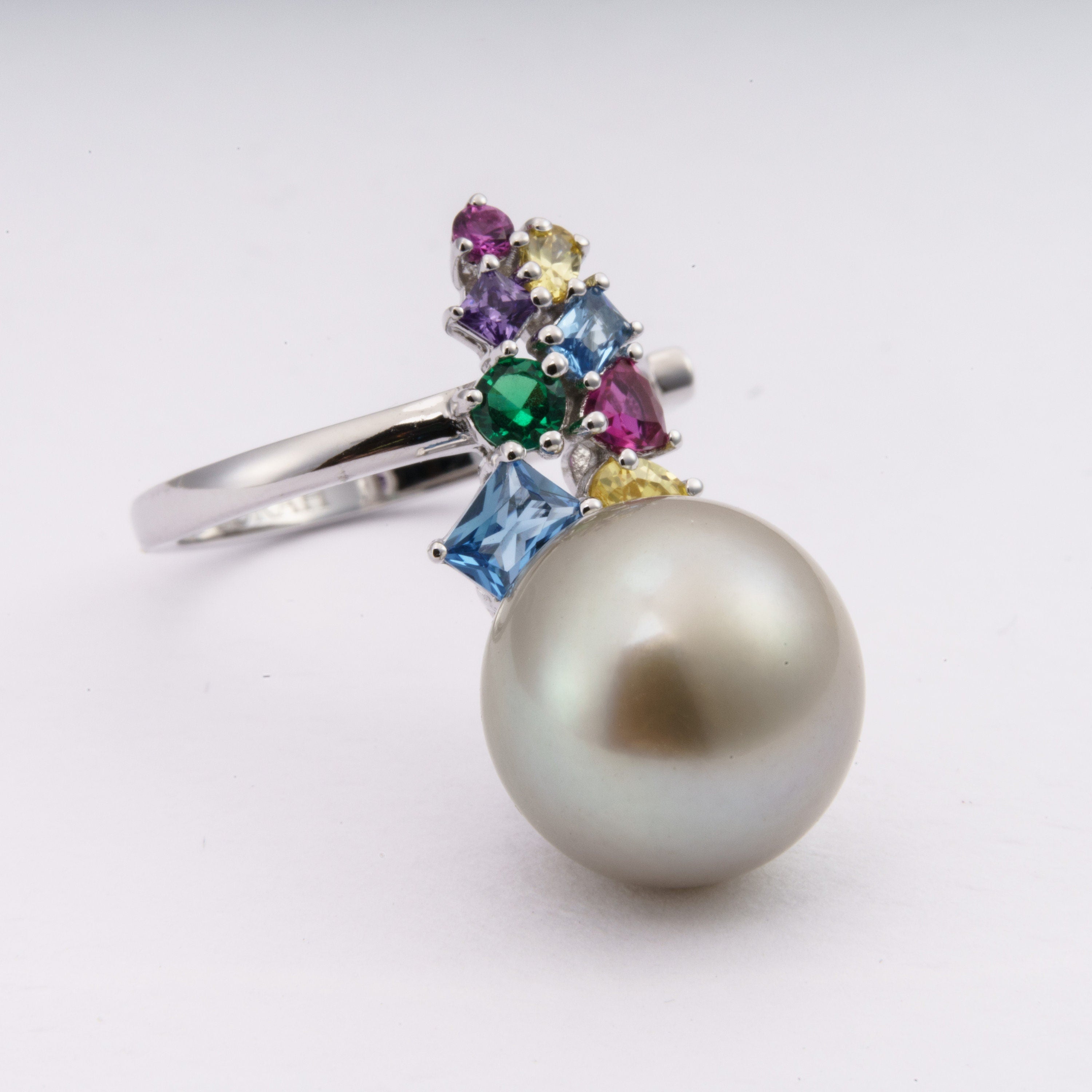 12mm tahitian pearl ring, size 5.5 us, 925 sterling silver with cubic zirconia