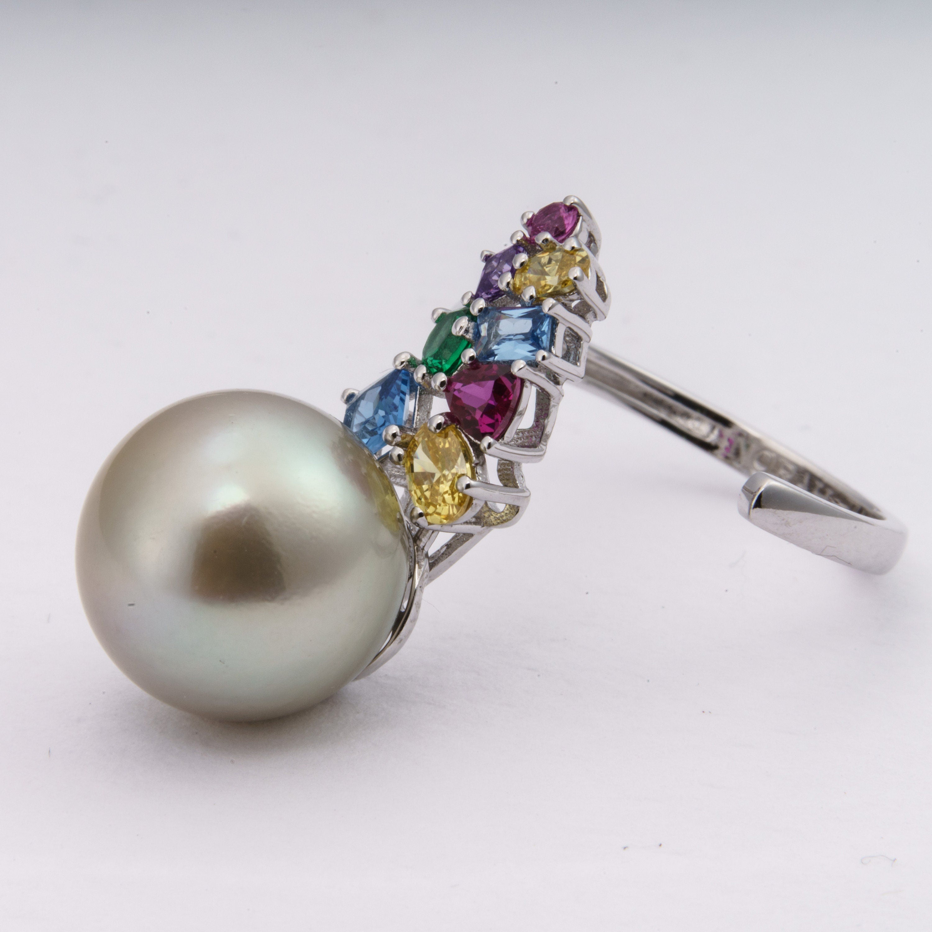 12mm tahitian pearl ring, size 5.5 us, 925 sterling silver with cubic zirconia