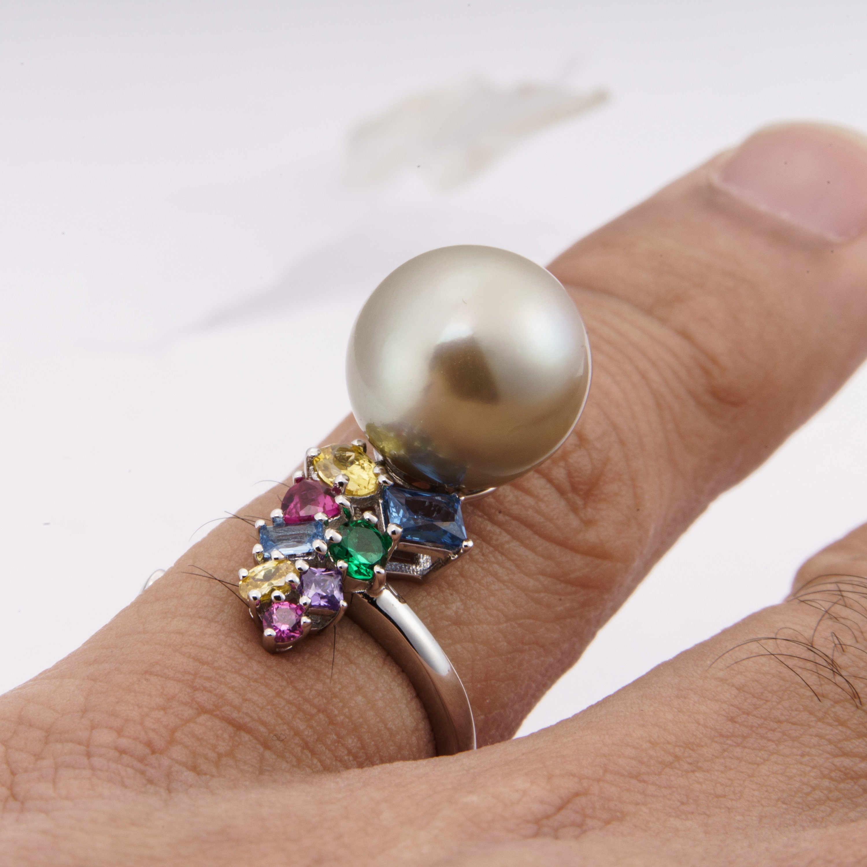 12mm tahitian pearl ring, size 5.5 us, 925 sterling silver with cubic zirconia