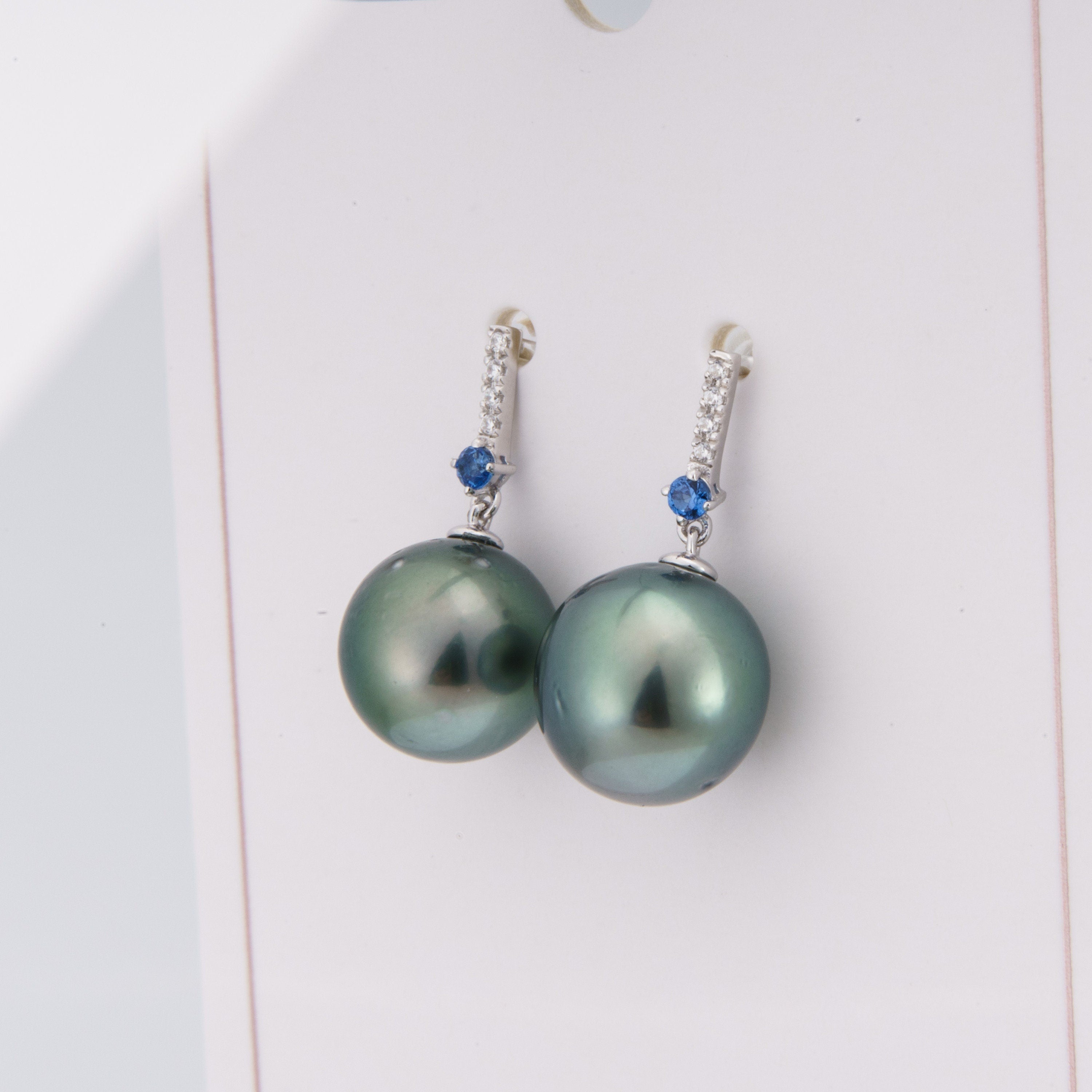 Tahitian pearl earrings 9mm, 925 sterling silver with rhodium finish and cubic zirconia
