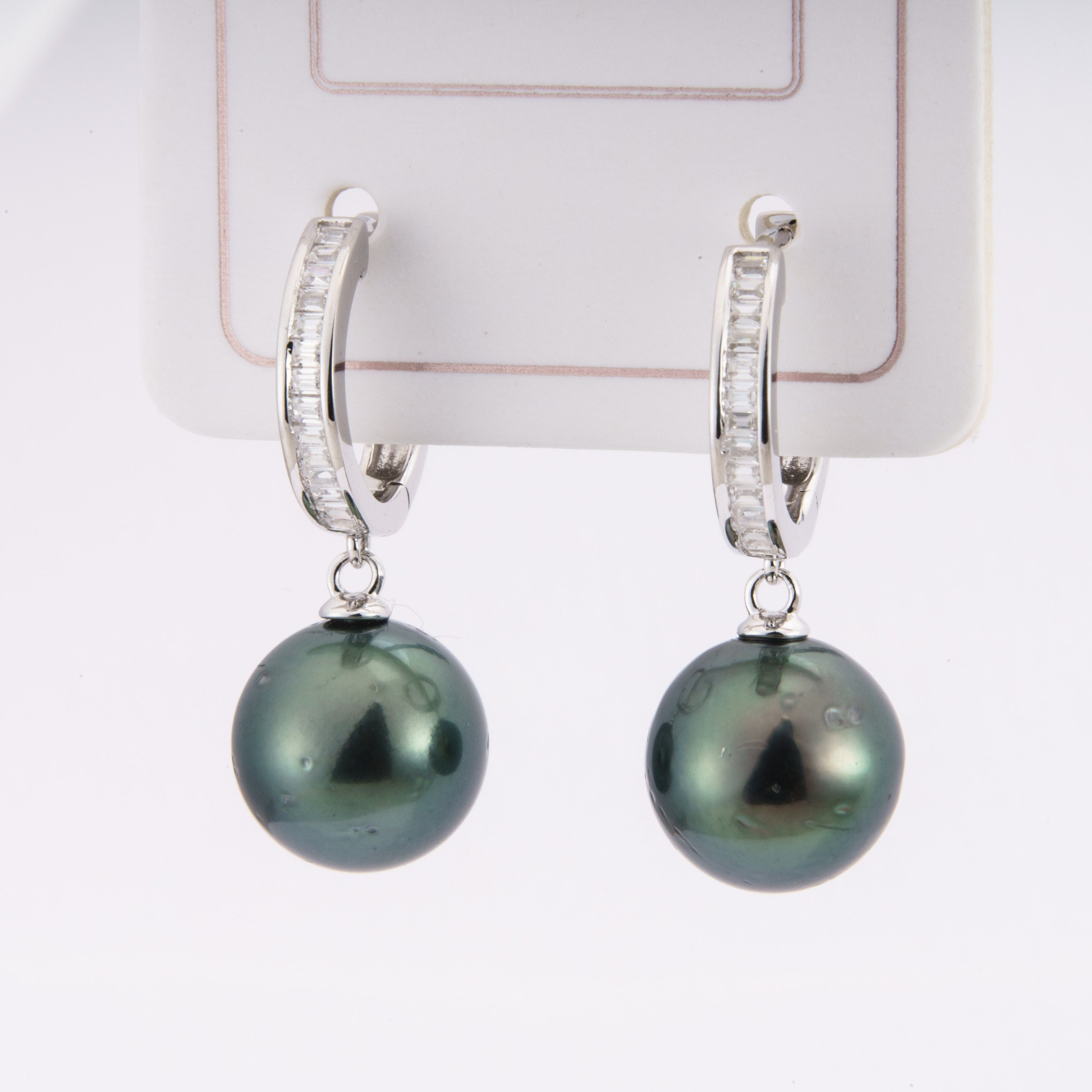 Tahitian pearl earrings 10mm, 925 sterling silver with rhodium finish and cubic zirconia
