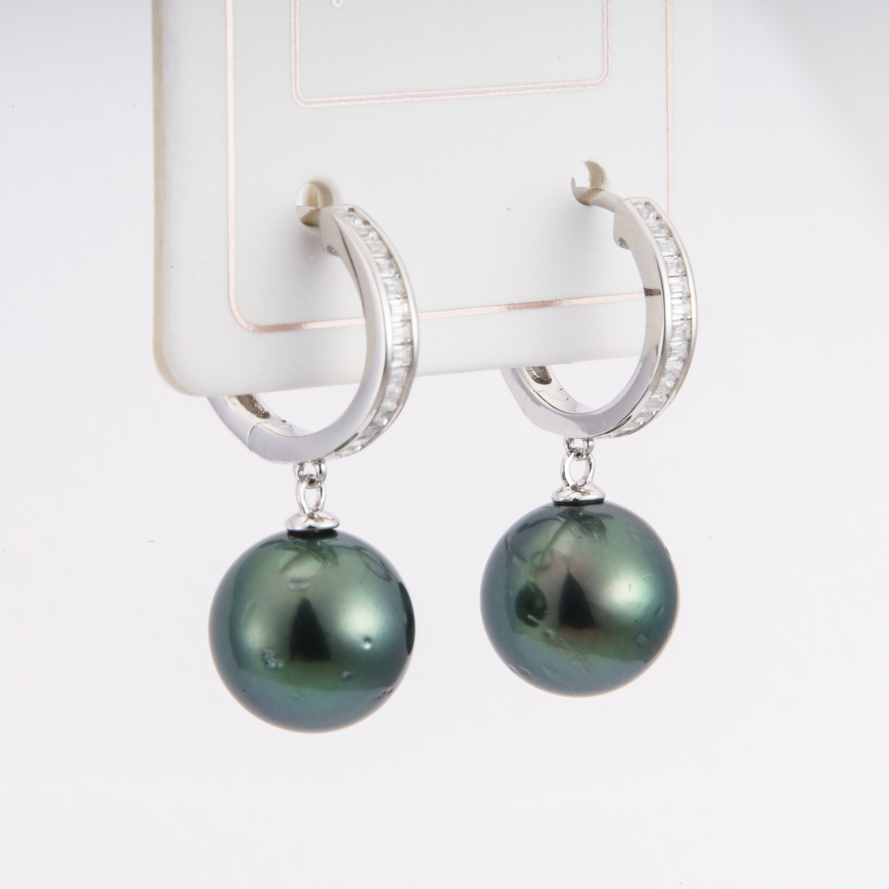 Tahitian pearl earrings 10mm, 925 sterling silver with rhodium finish and cubic zirconia