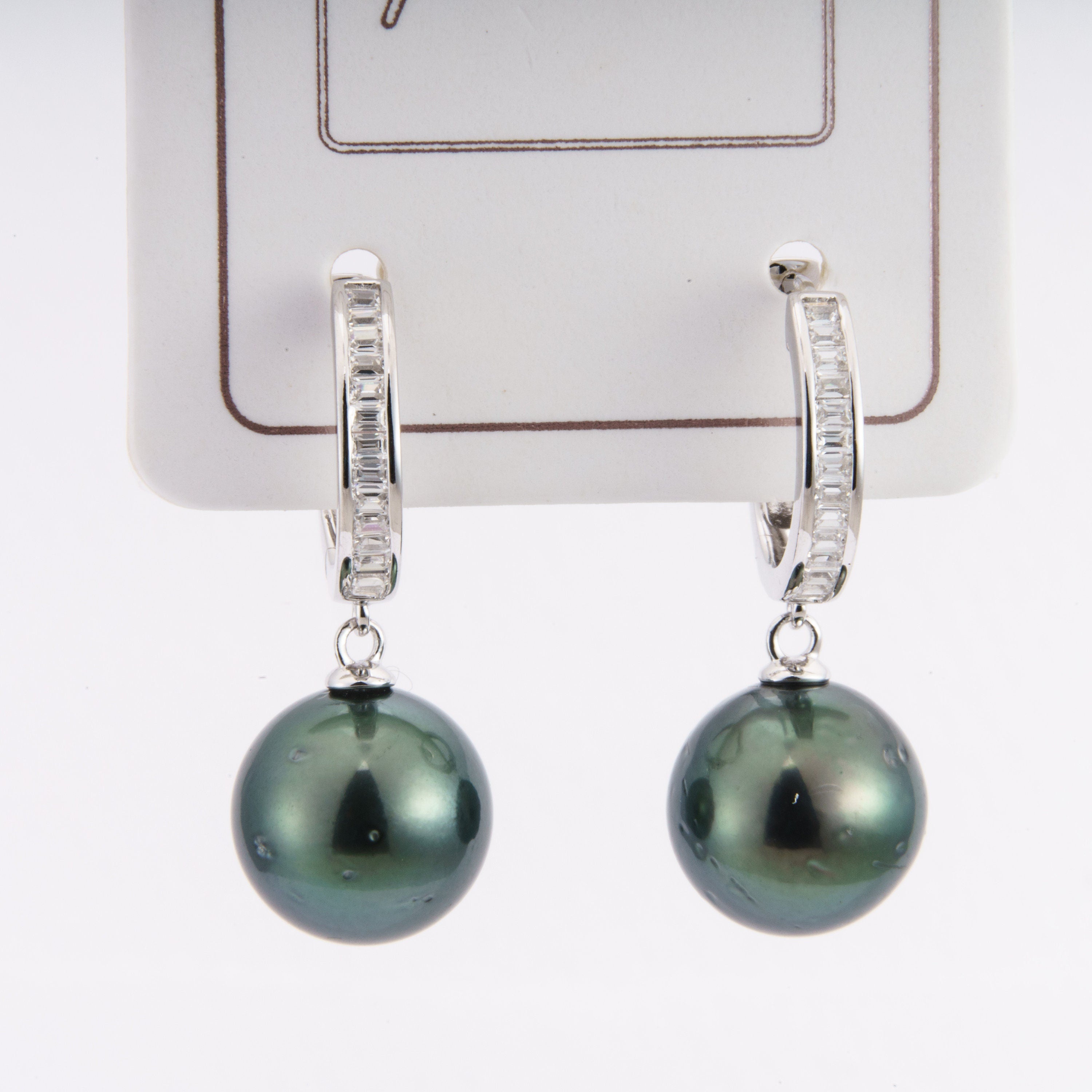 Tahitian pearl earrings 10mm, 925 sterling silver with rhodium finish and cubic zirconia