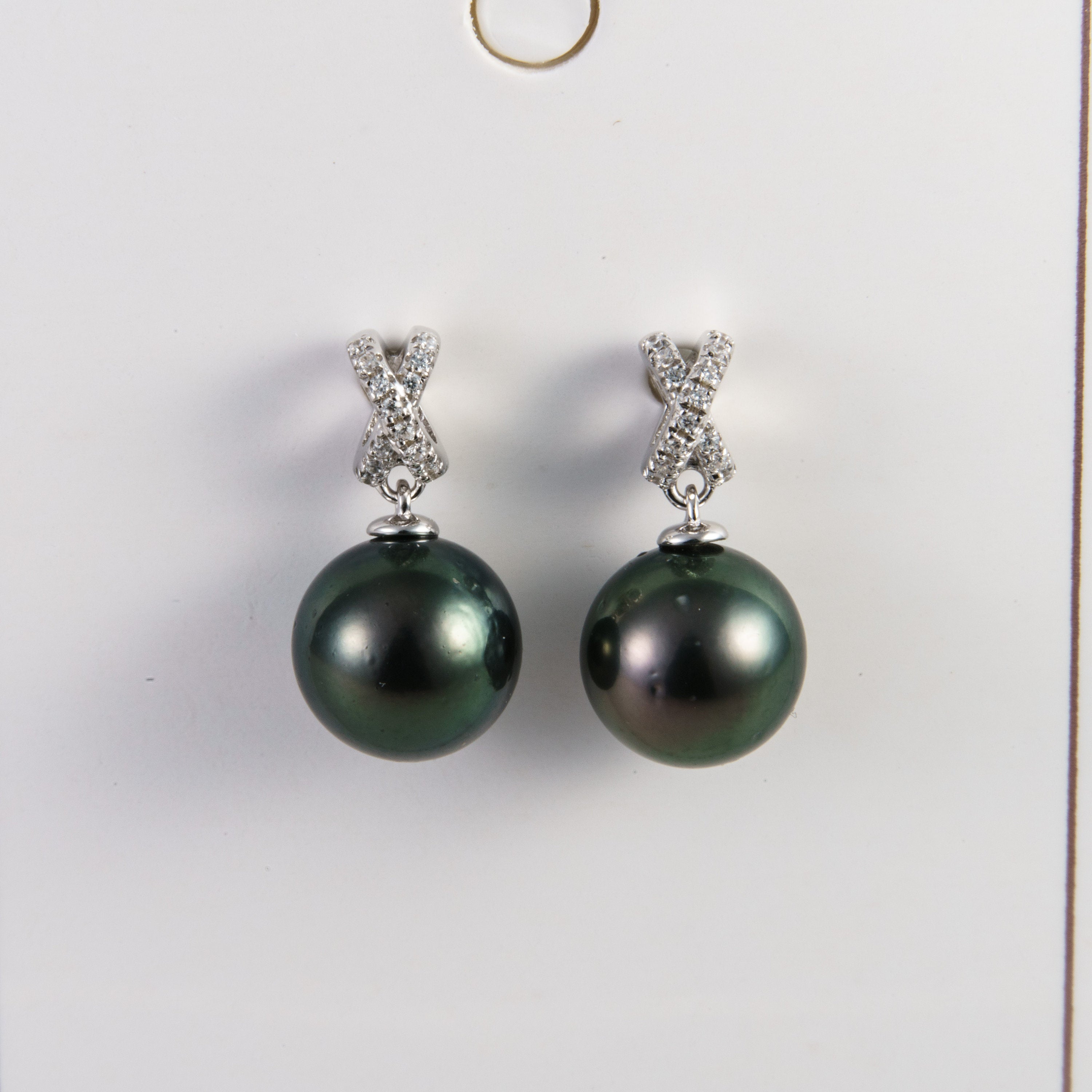 Tahitian pearl earrings 8mm, 925 sterling silver with rhodium finish and cubic zirconia