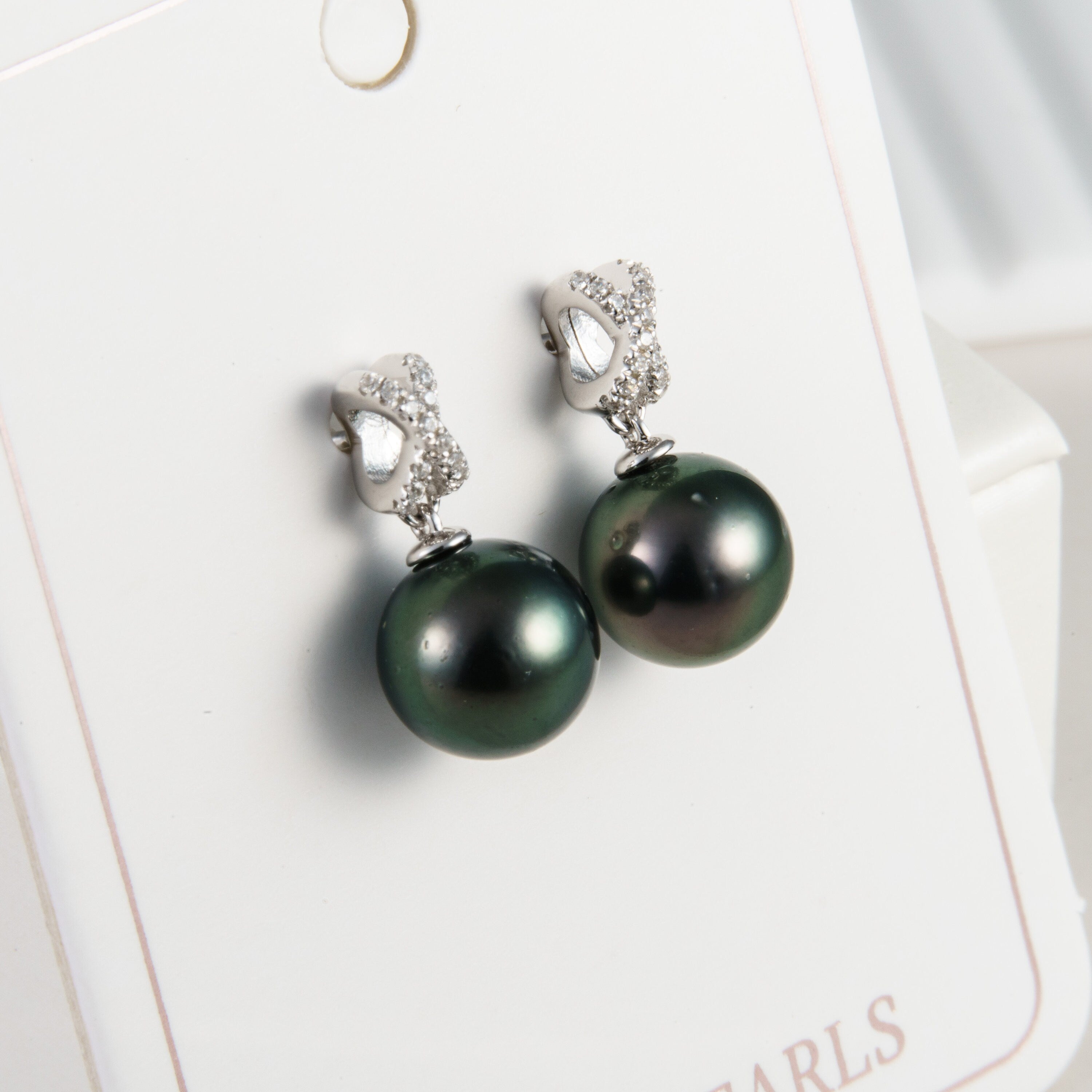 Tahitian pearl earrings 8mm, 925 sterling silver with rhodium finish and cubic zirconia