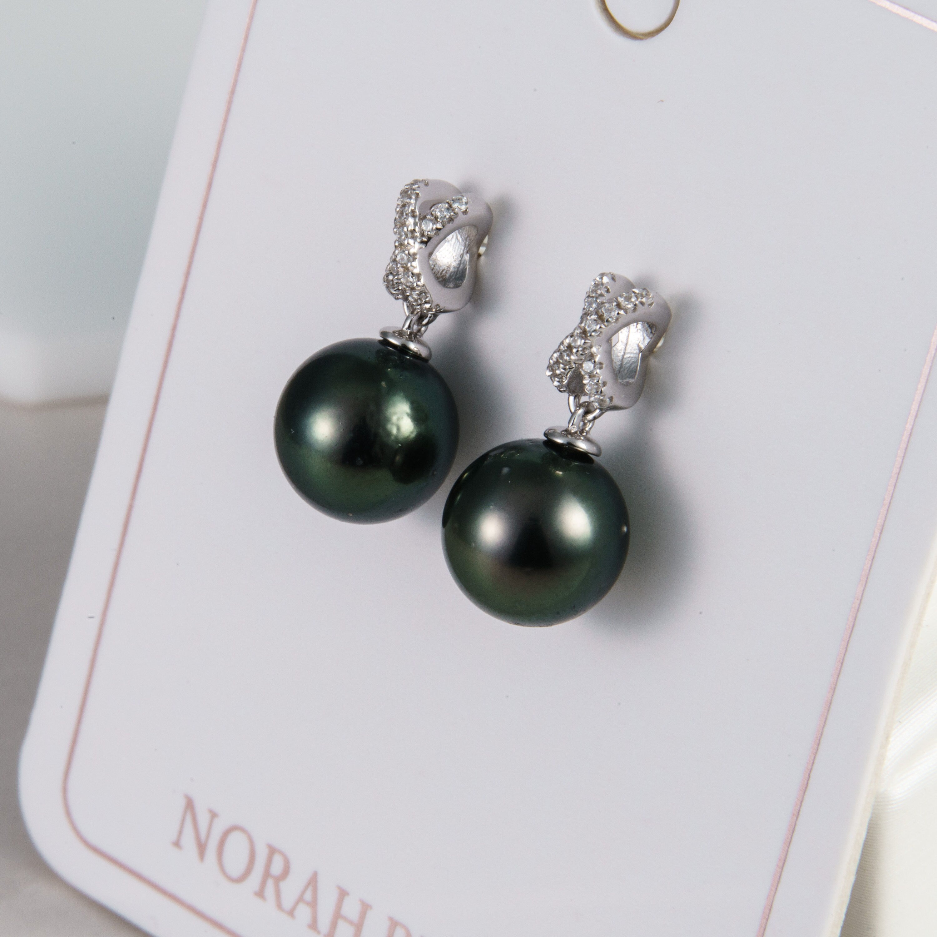 Tahitian pearl earrings 8mm, 925 sterling silver with rhodium finish and cubic zirconia