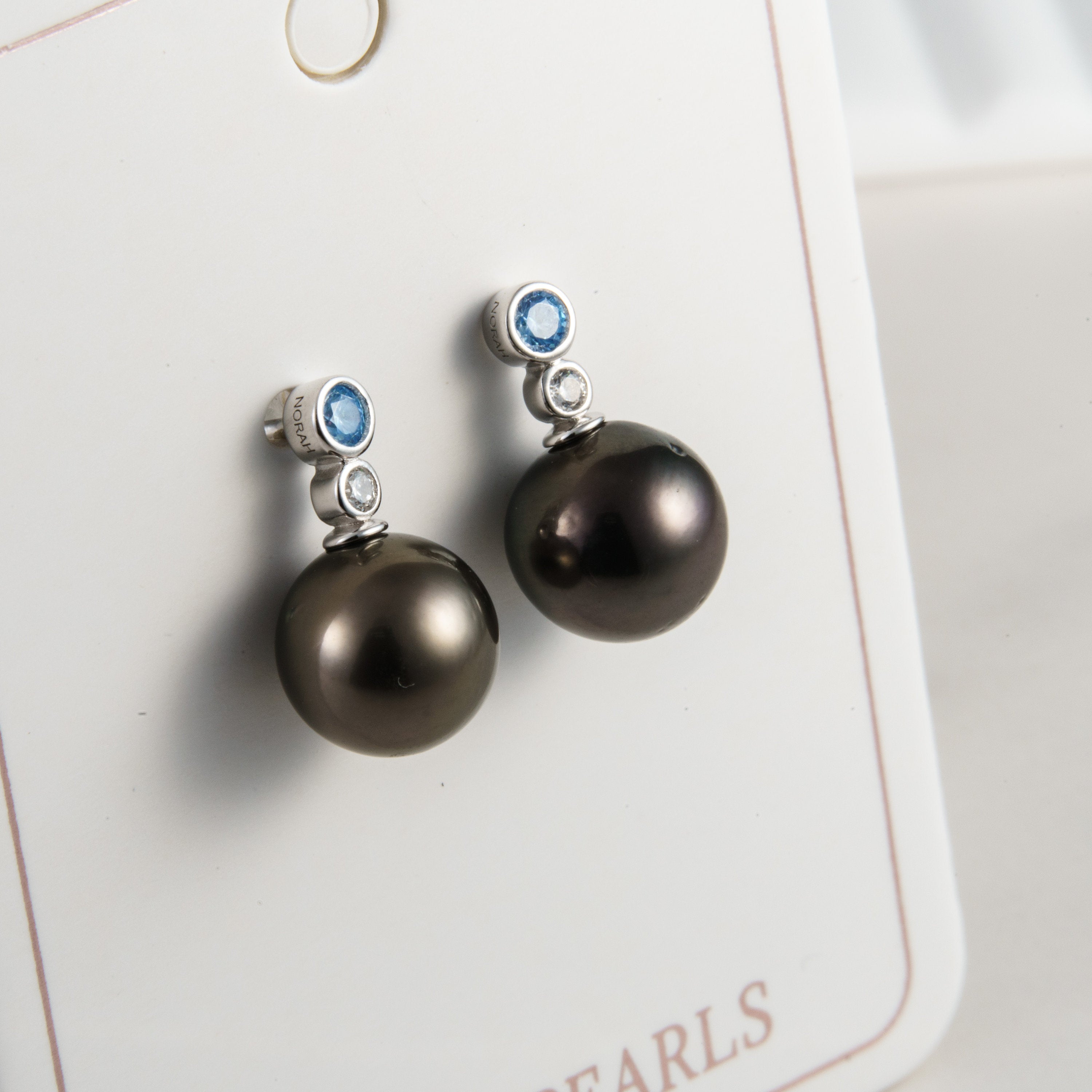 Tahitian pearl earrings 9mm, 925 sterling silver with rhodium finish and cubic zirconia