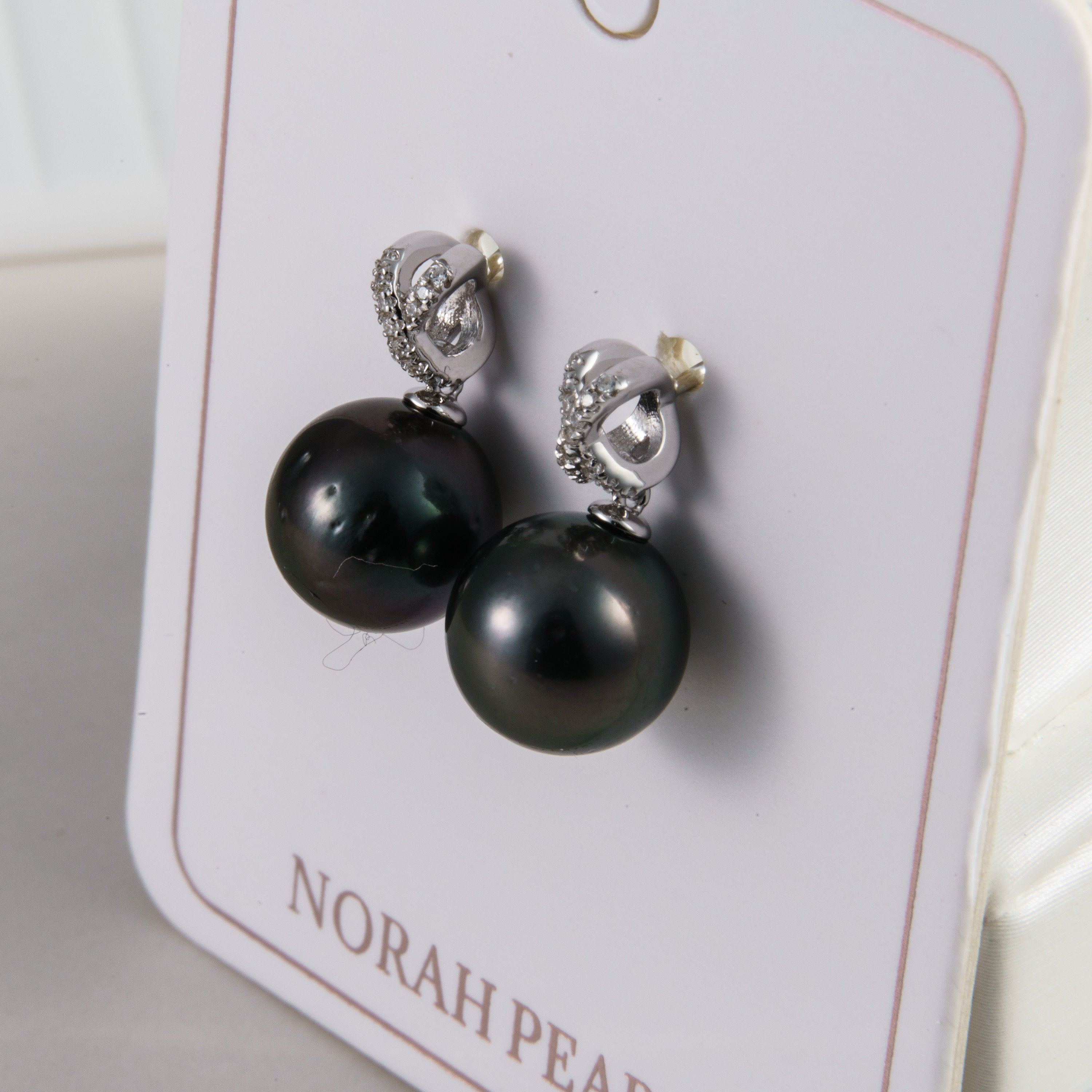 Tahitian pearl earrings 9mm, 925 sterling silver with rhodium finish and cubic zirconia