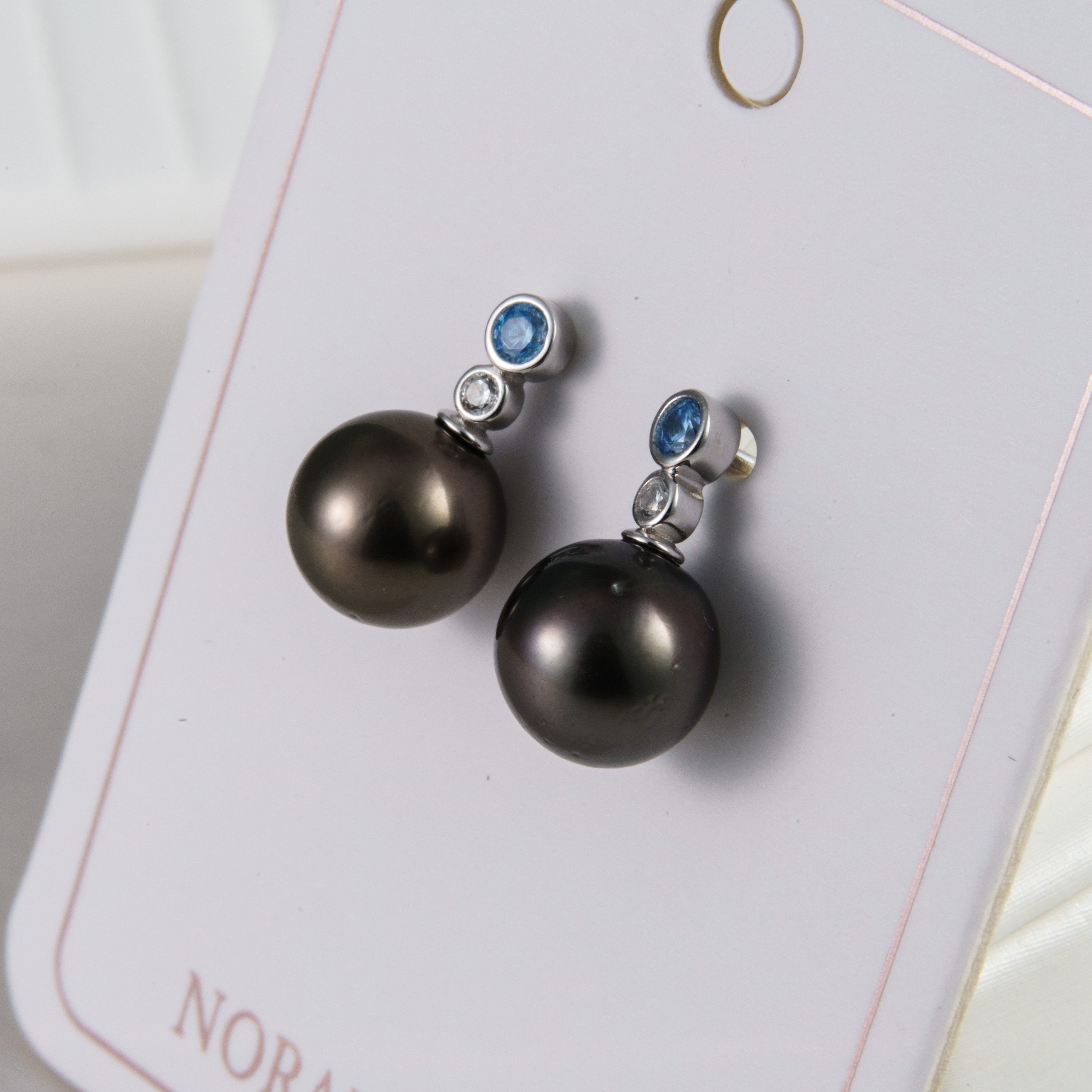 Tahitian pearl earrings 9mm, 925 sterling silver with rhodium finish and cubic zirconia