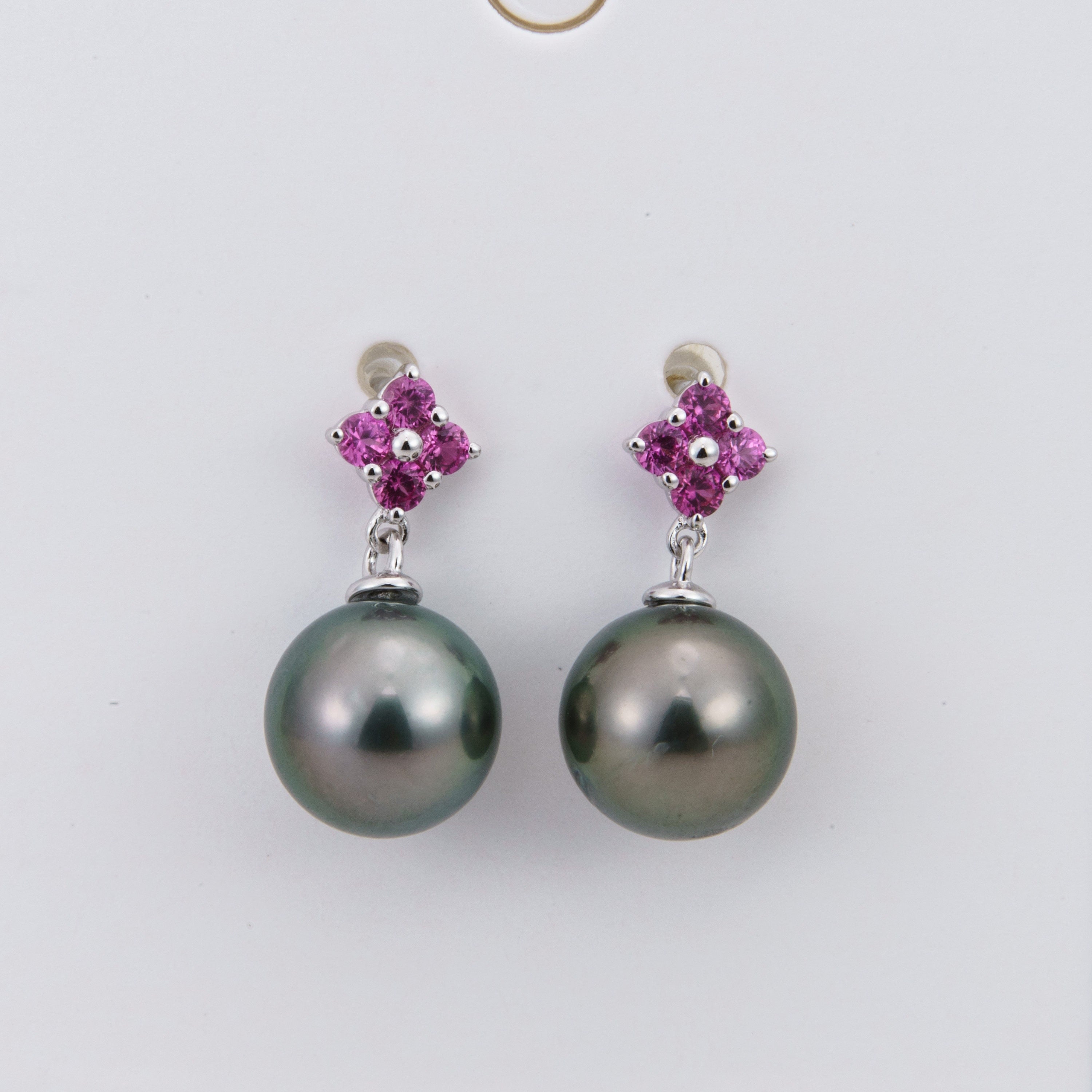 Tahitian pearl earrings 8mm, 925 sterling silver with rhodium finish and cubic zirconia