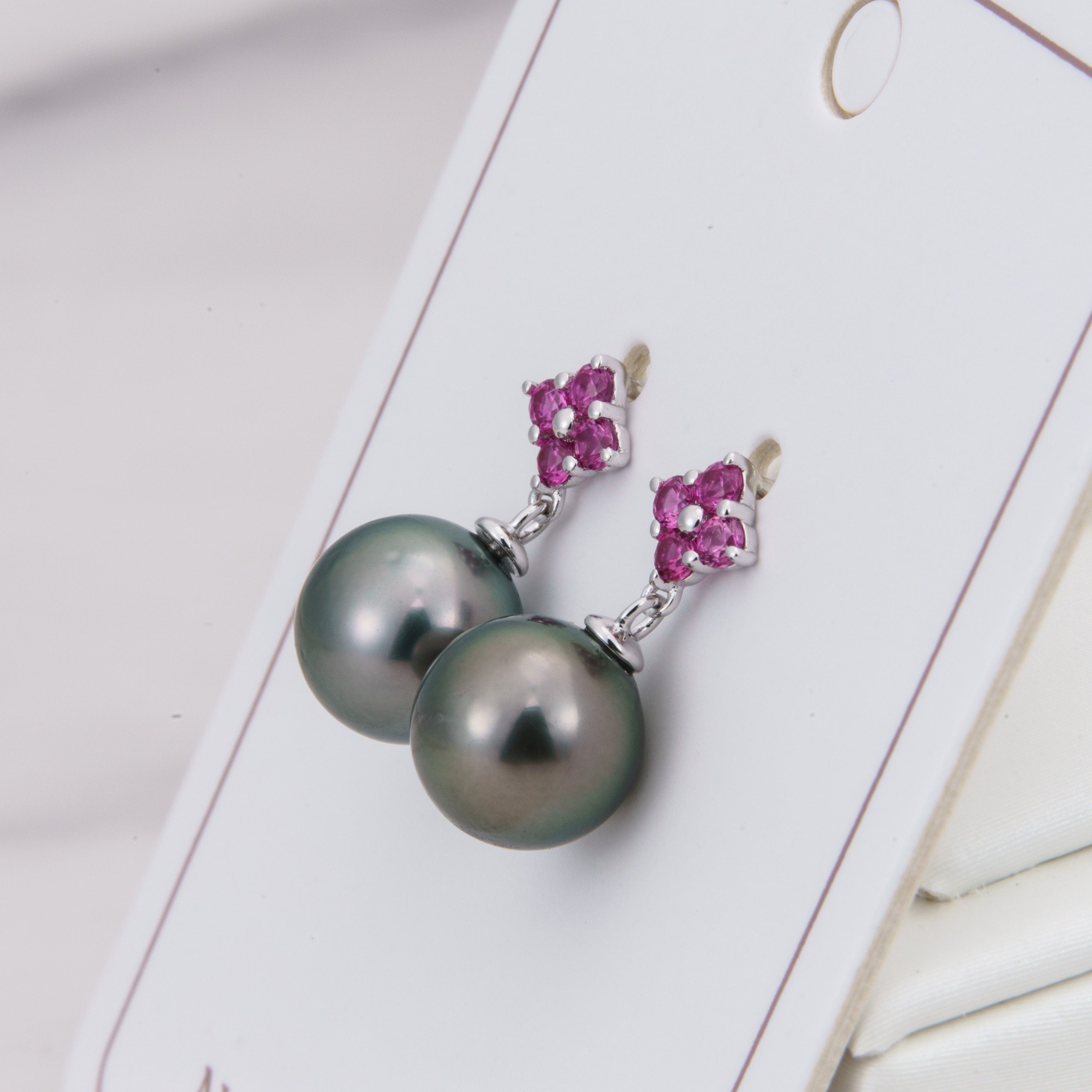 Tahitian pearl earrings 8mm, 925 sterling silver with rhodium finish and cubic zirconia