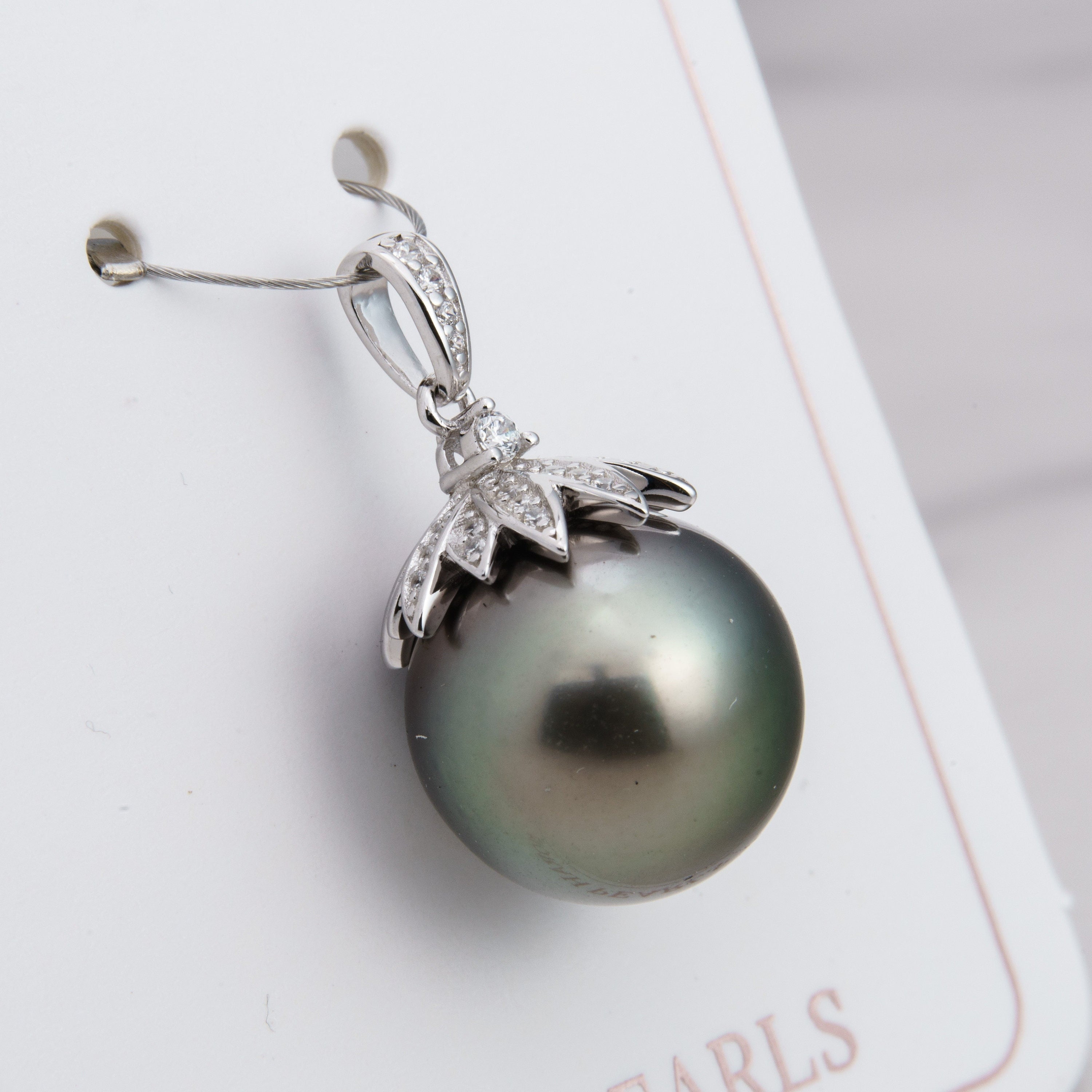 13mm tahitian pearl pendant, 925 sterling silver, rhodium finish, cubic zirconia