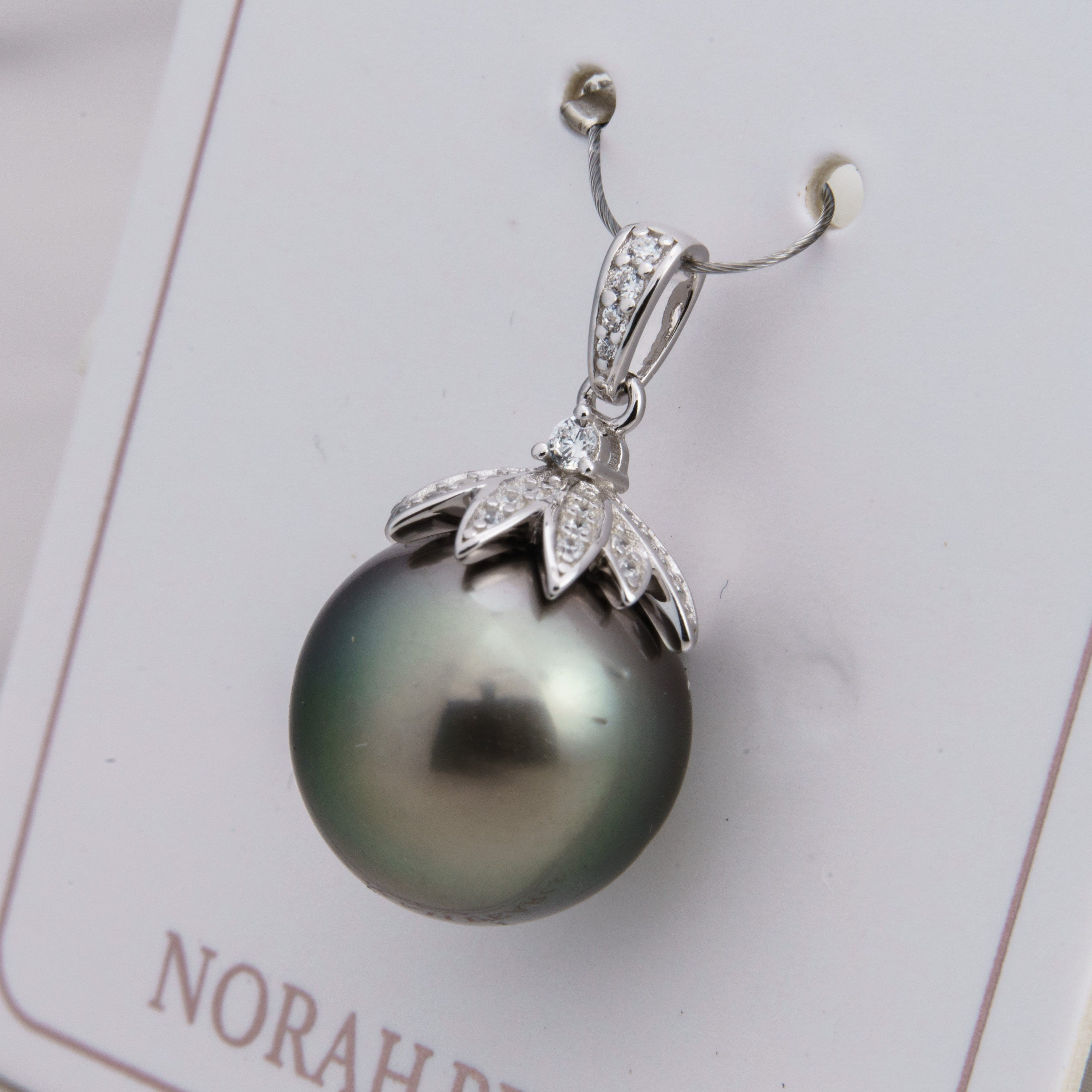 13mm tahitian pearl pendant, 925 sterling silver, rhodium finish, cubic zirconia