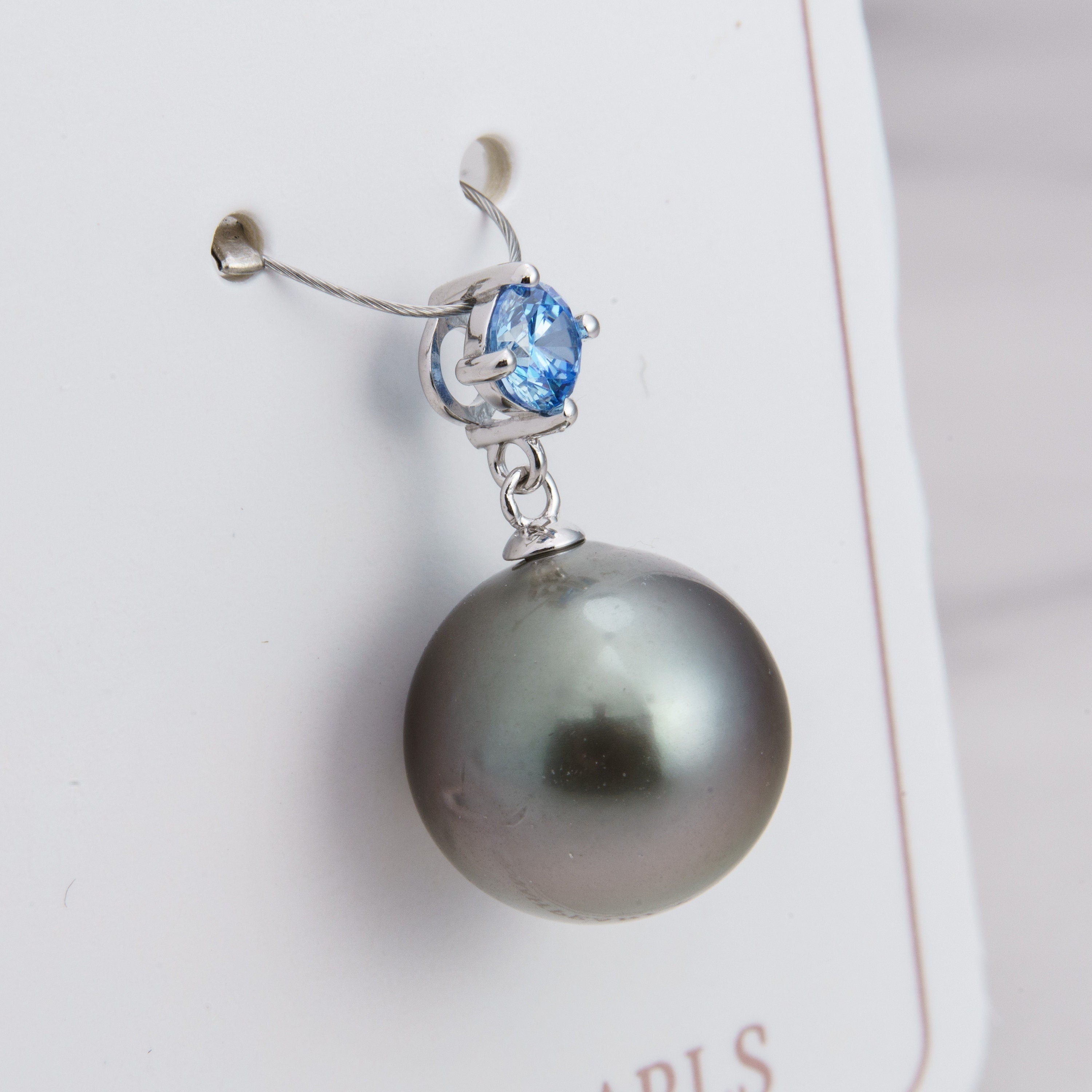 13mm tahitian pearl pendant, 925 sterling silver, rhodium finish, cubic zirconia