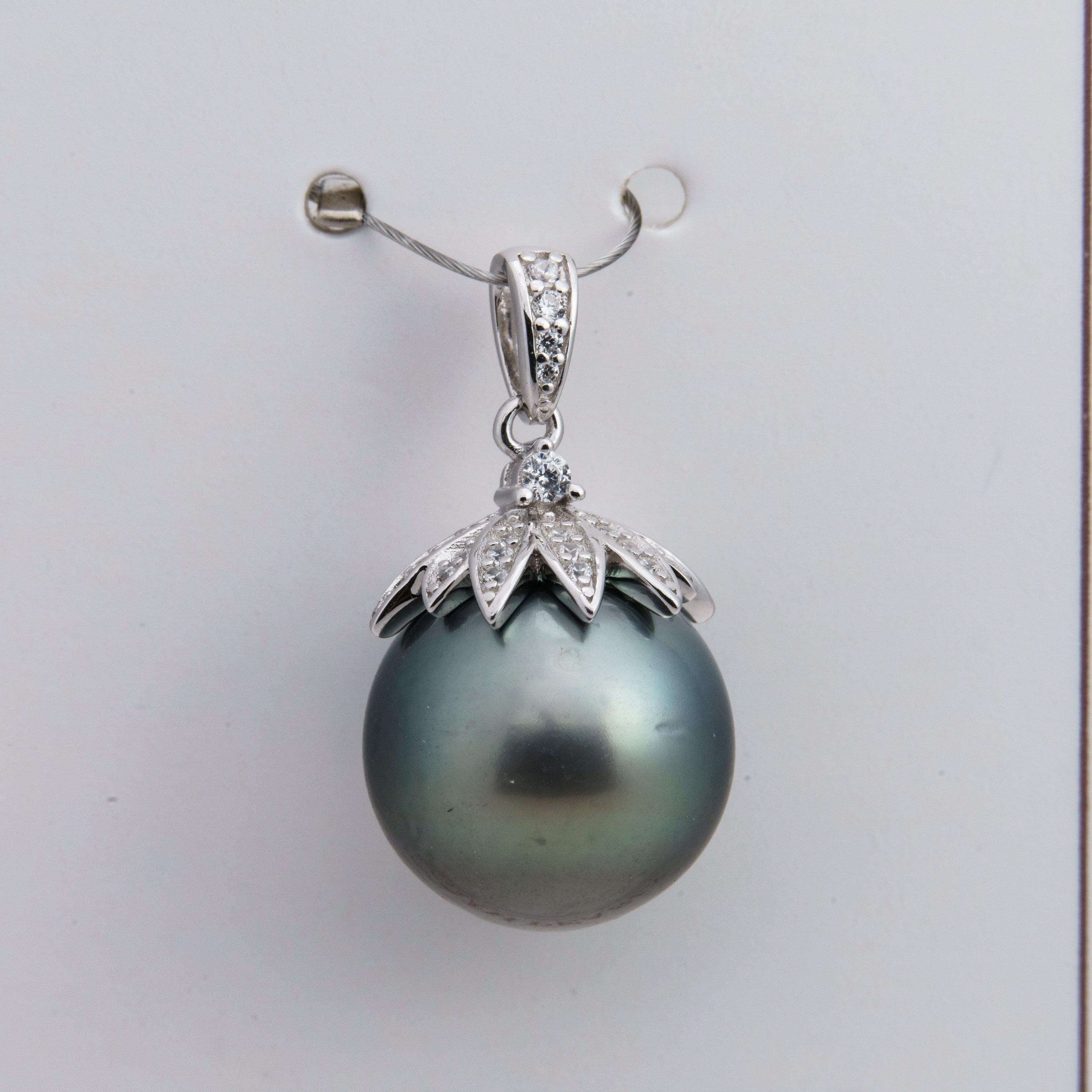 13mm tahitian pearl pendant, 925 sterling silver, rhodium finish, cubic zirconia