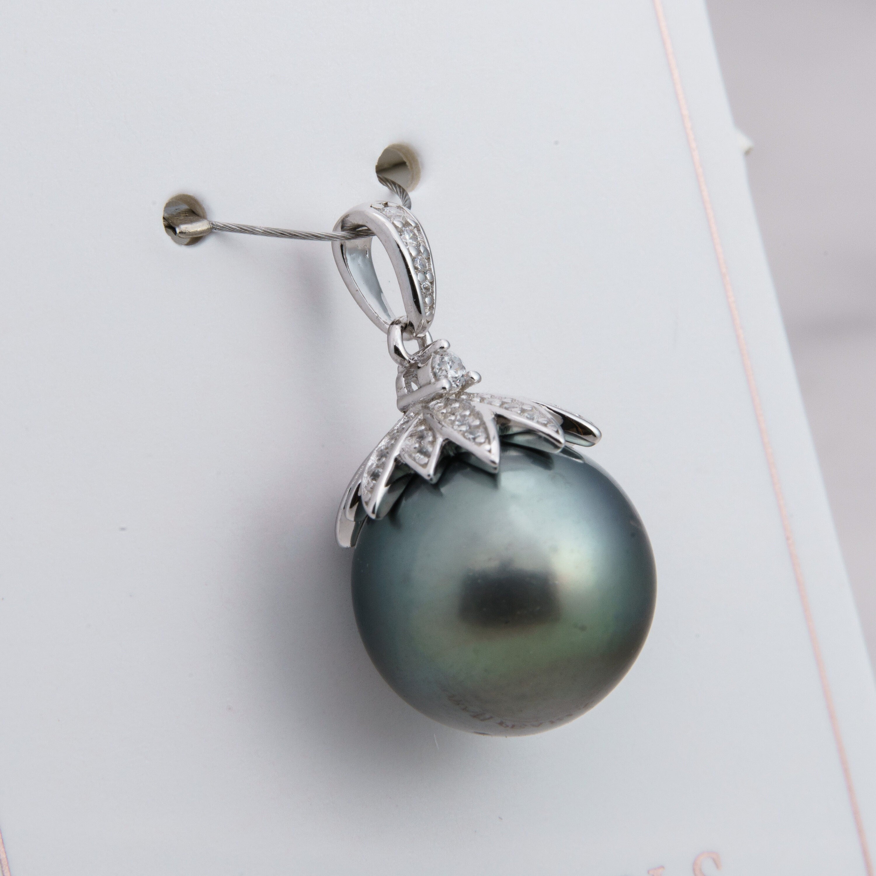 13mm tahitian pearl pendant, 925 sterling silver, rhodium finish, cubic zirconia