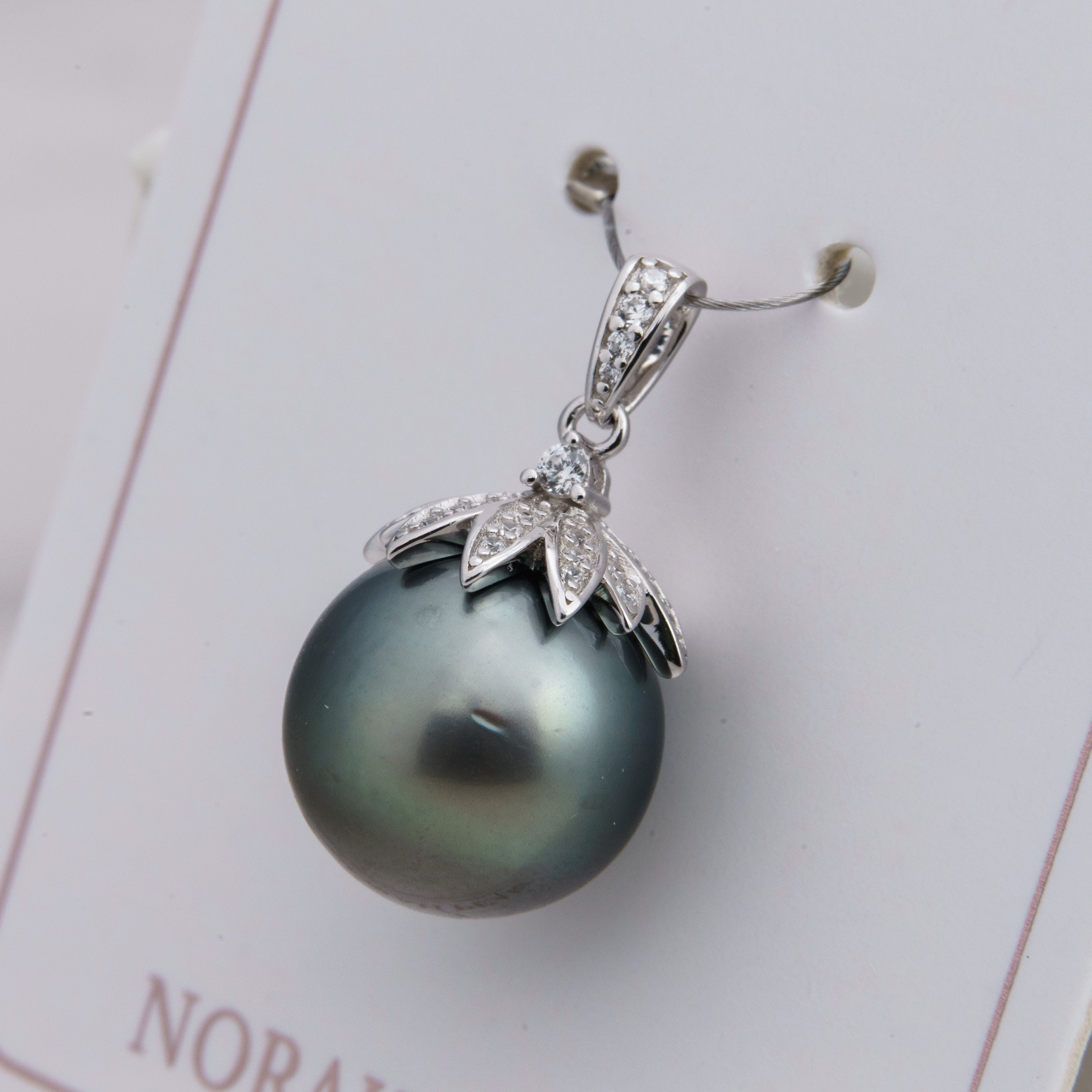 13mm tahitian pearl pendant, 925 sterling silver, rhodium finish, cubic zirconia