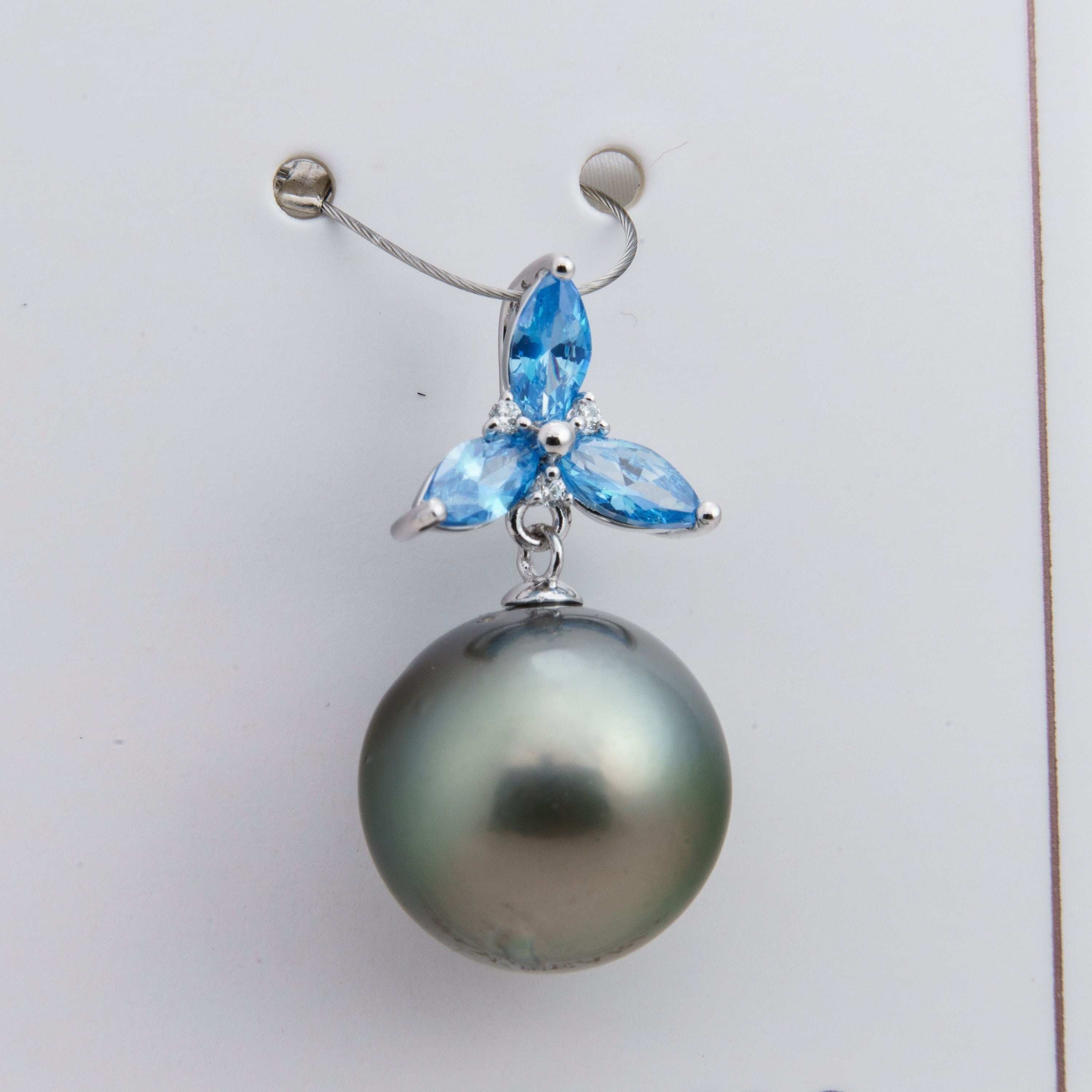 13mm tahitian pearl pendant, 925 sterling silver, rhodium finish, cubic zirconia