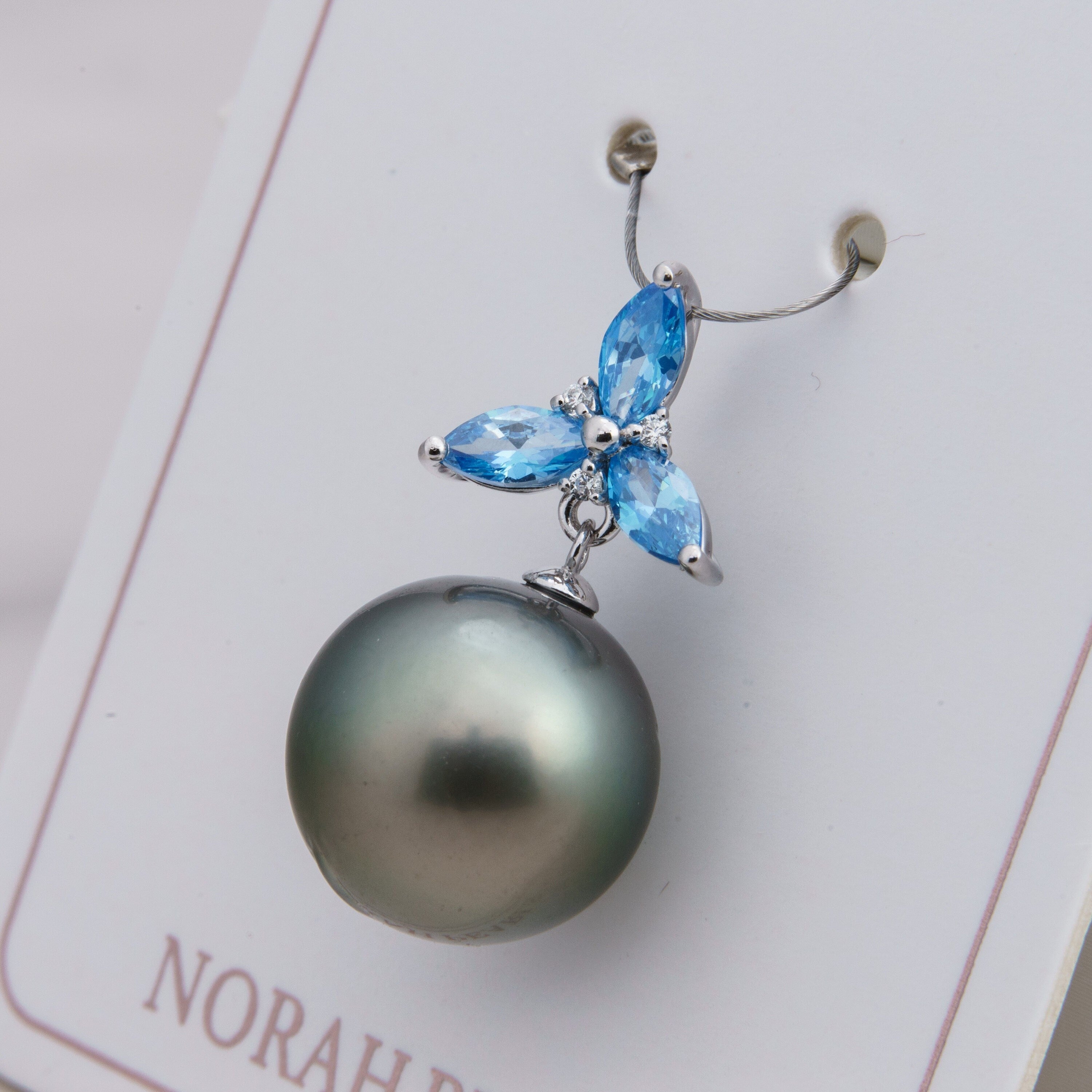 13mm tahitian pearl pendant, 925 sterling silver, rhodium finish, cubic zirconia