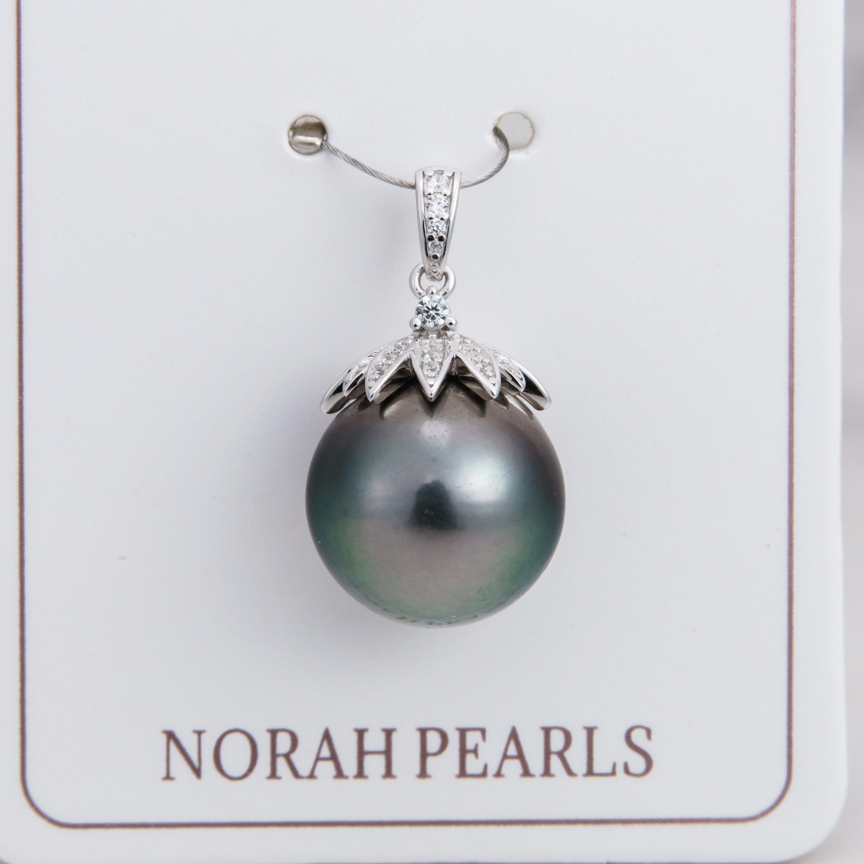 13mm tahitian pearl pendant, 925 sterling silver, rhodium finish, cubic zirconia