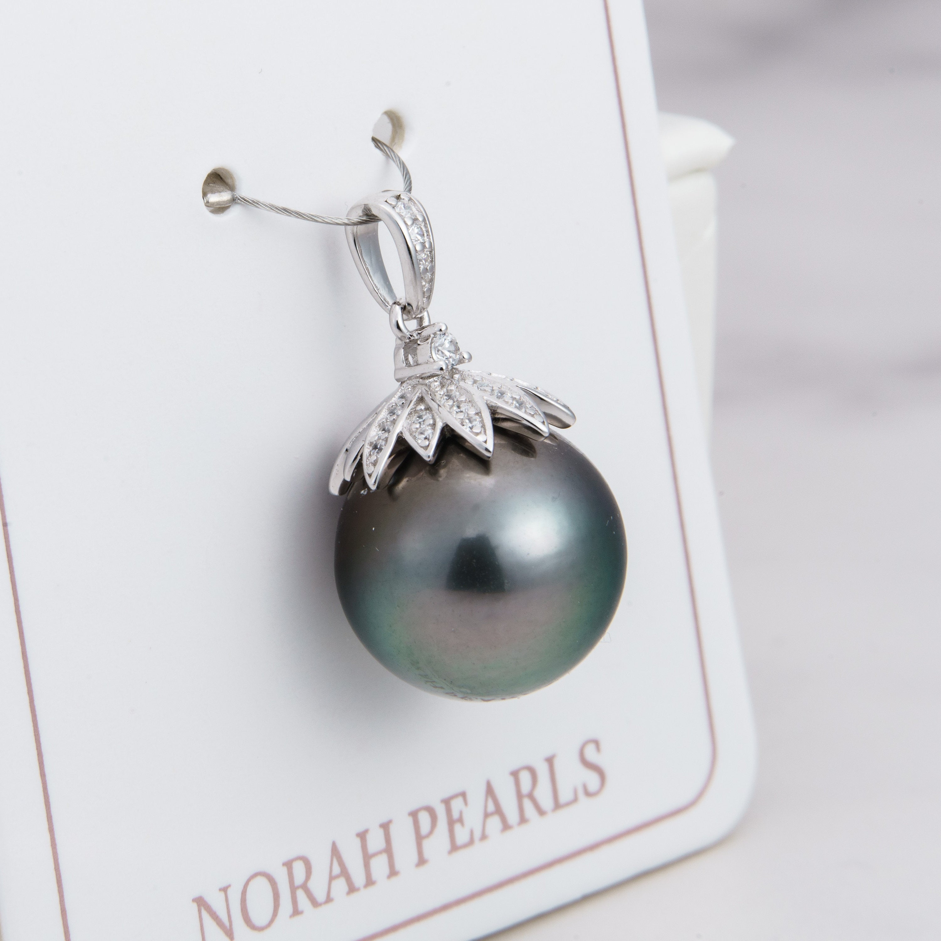 13mm tahitian pearl pendant, 925 sterling silver, rhodium finish, cubic zirconia