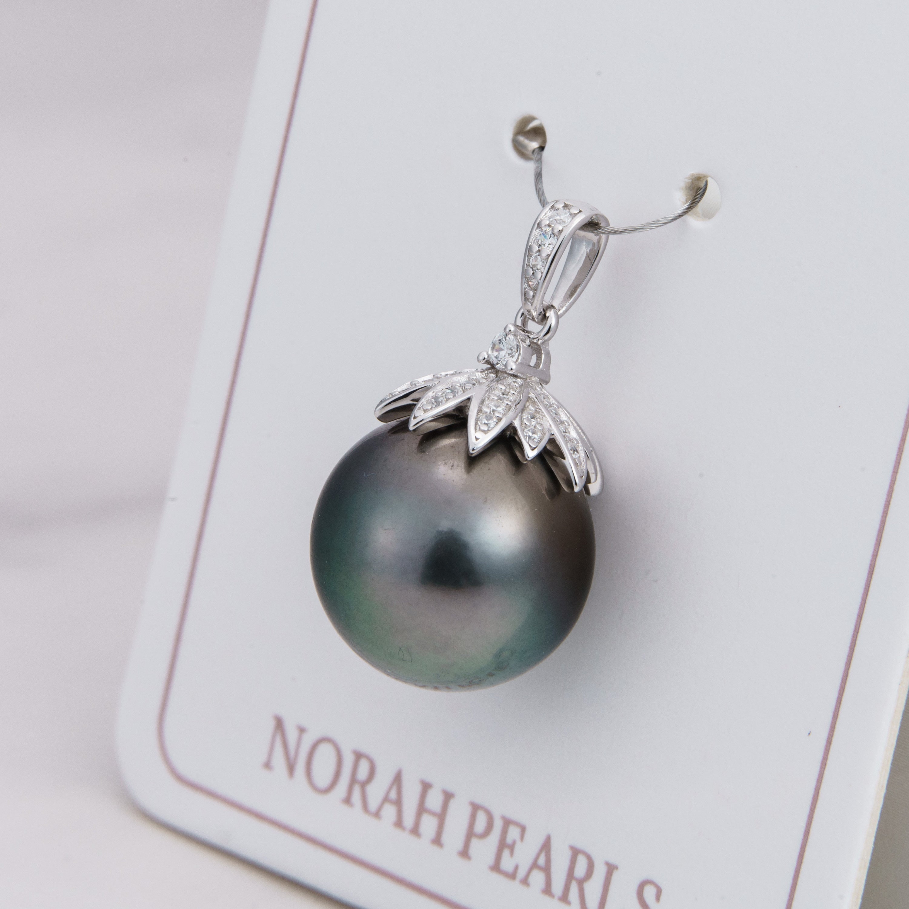 13mm tahitian pearl pendant, 925 sterling silver, rhodium finish, cubic zirconia