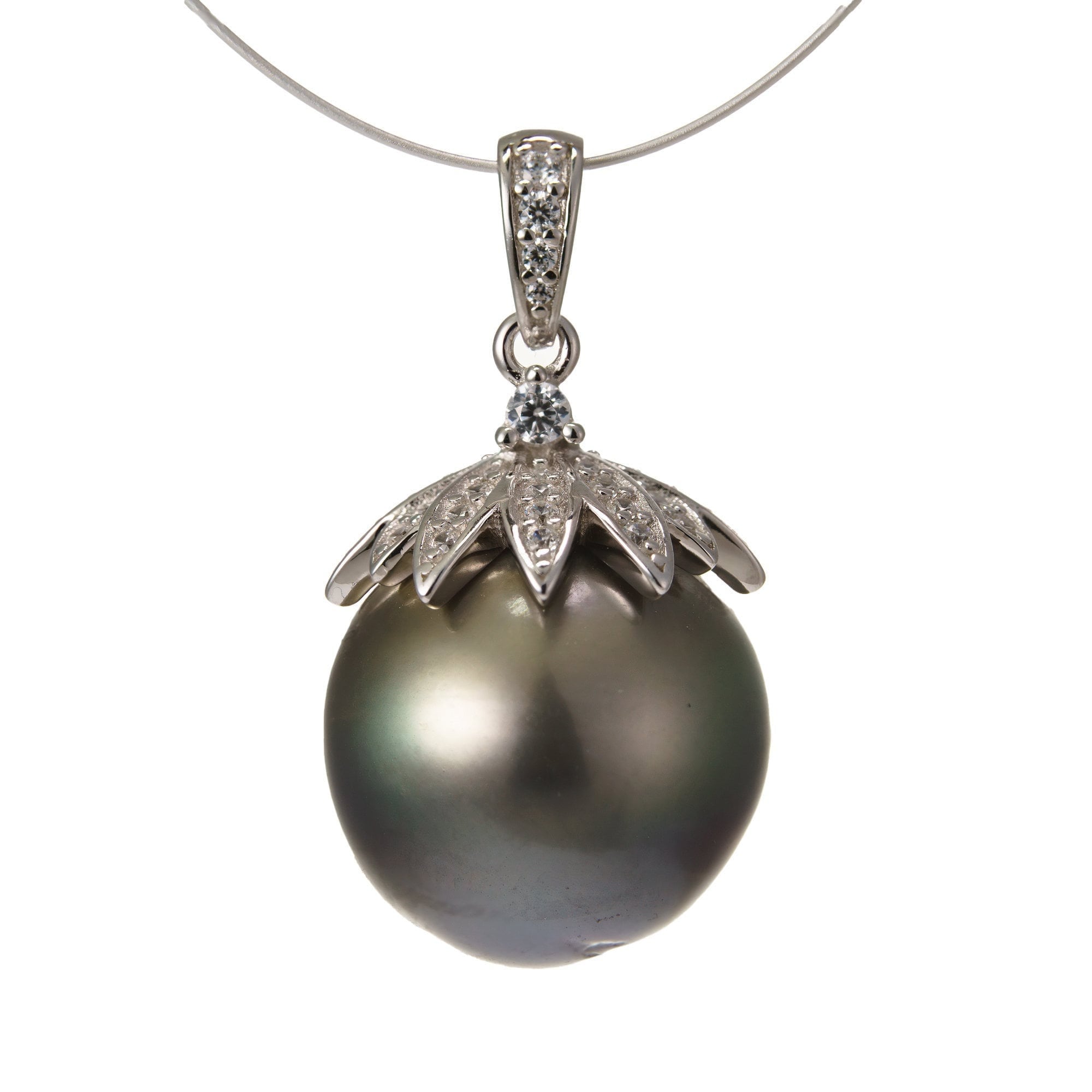 13mm tahitian pearl pendant, 925 sterling silver, rhodium finish, cubic zirconia