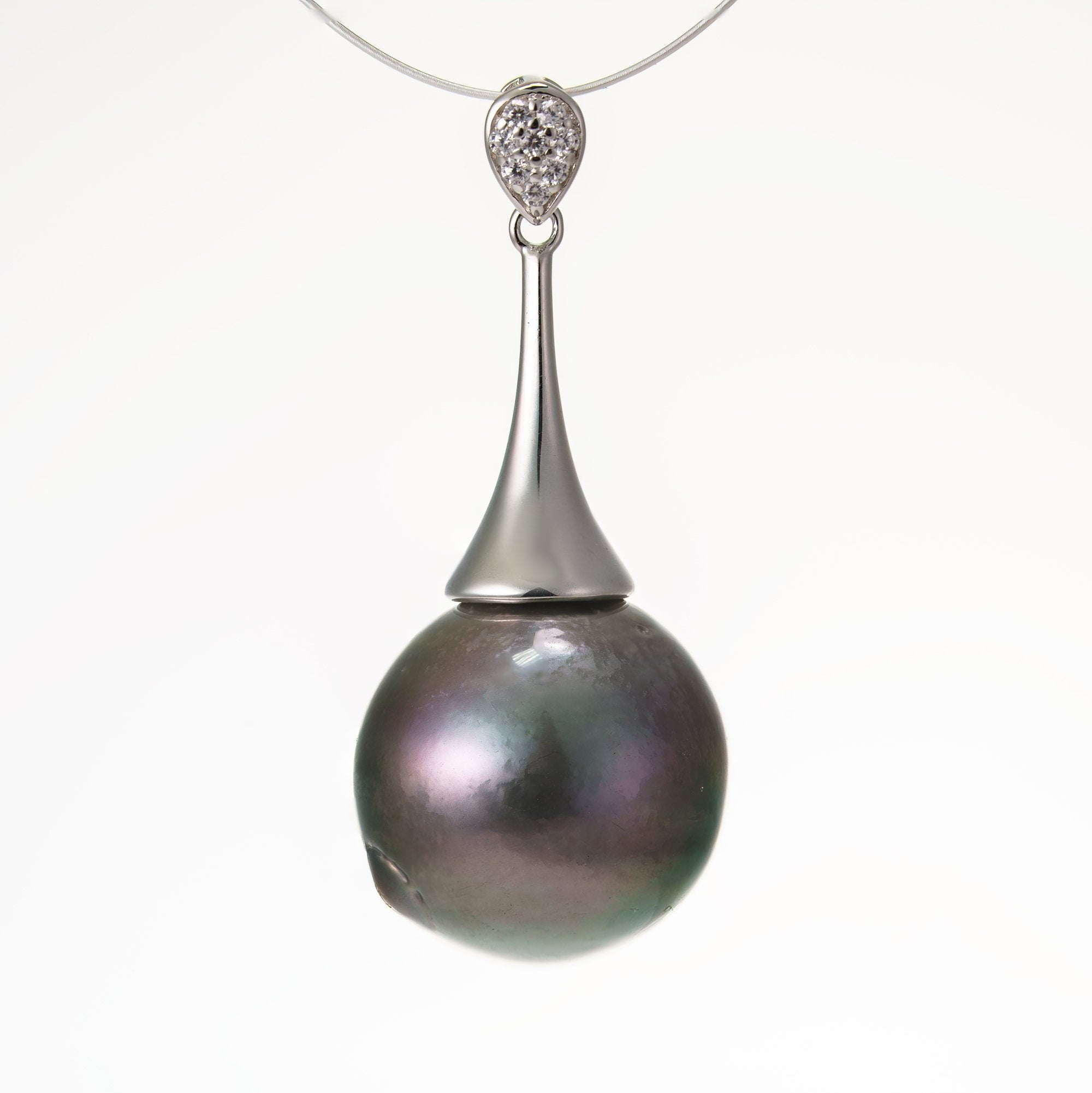 14mm tahitian pearl pendant, 925 sterling silver, rhodium finish, cubic zirconia