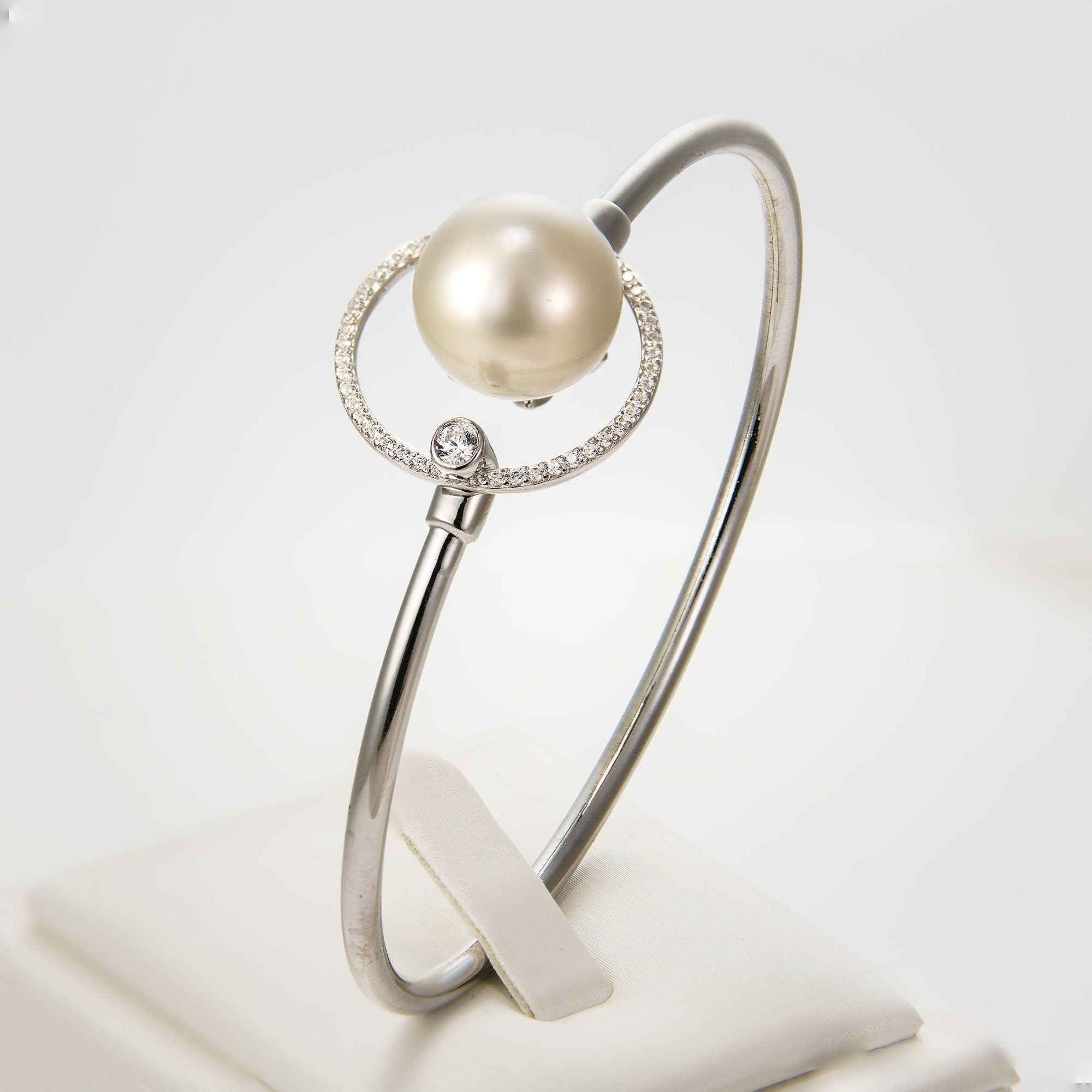 12mm tahitian pearl bangle bracelet, 925 sterling silver with cubic zirconia, 57mm rhodium plating