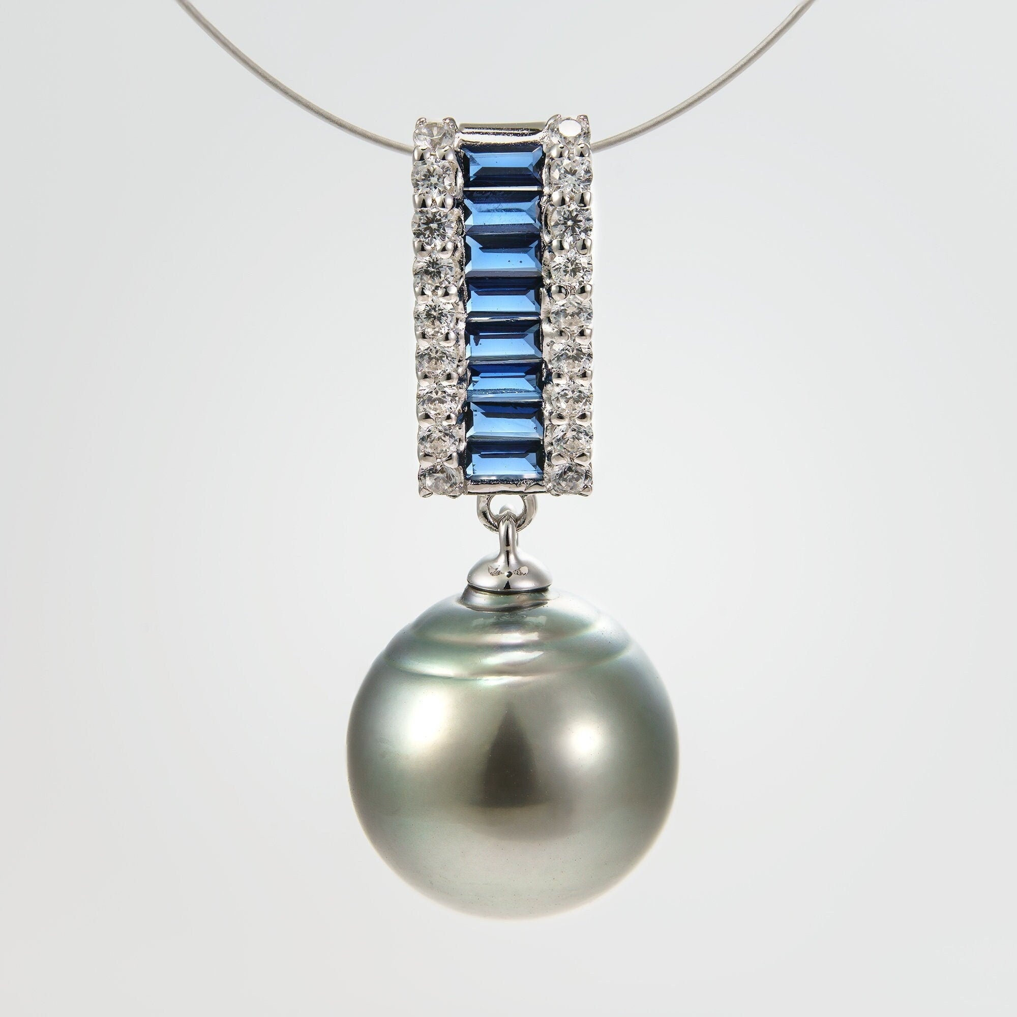 12mm tahitian pearl pendant, 925 sterling silver, rhodium finish, cubic zirconia