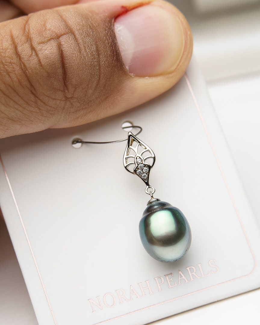 10mm tahitian pearl pendant, 925 sterling silver, rhodium finish, cubic zirconia