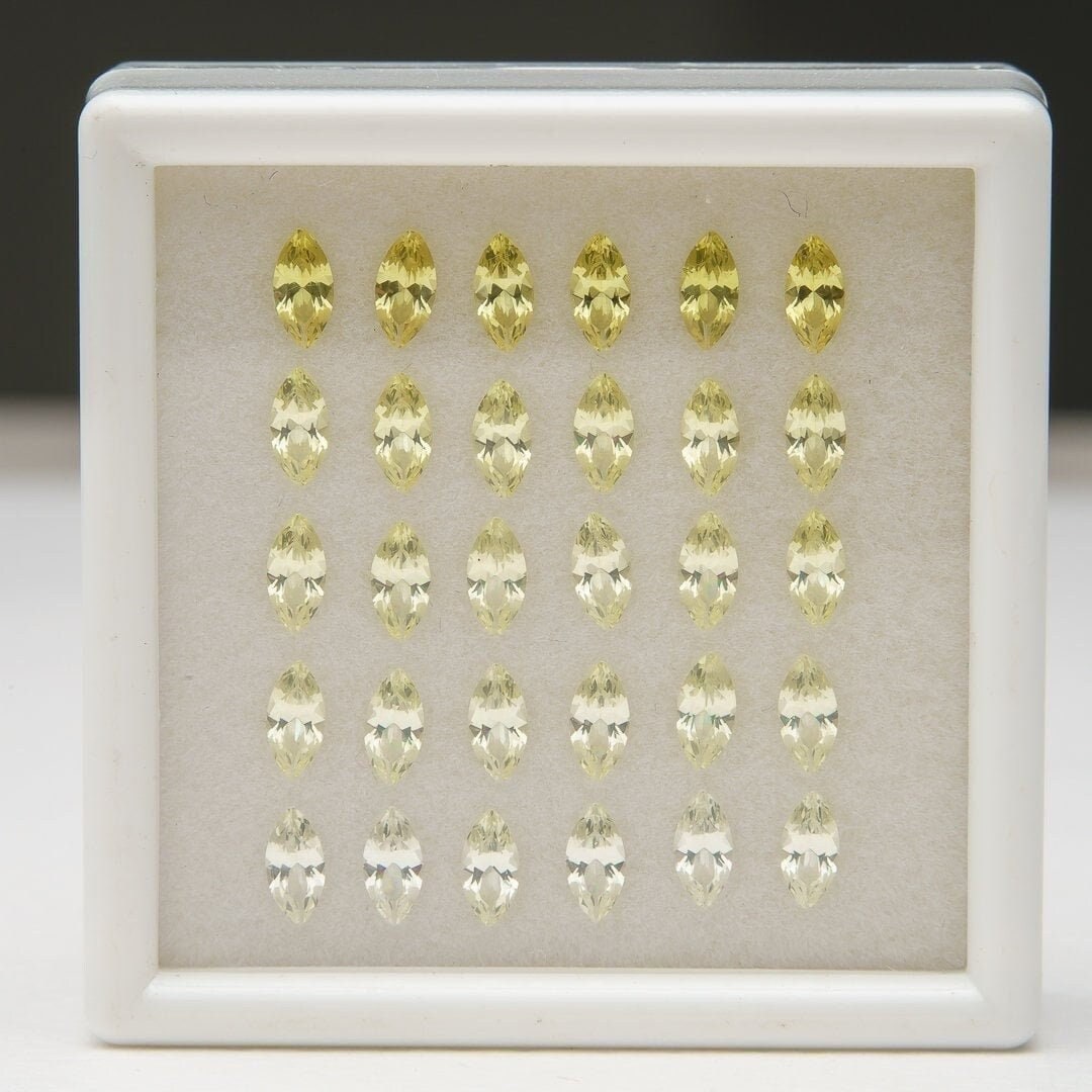 Set of 30 synthetic lab-produced marquise peridot gemstones, 3x6mm, yellow