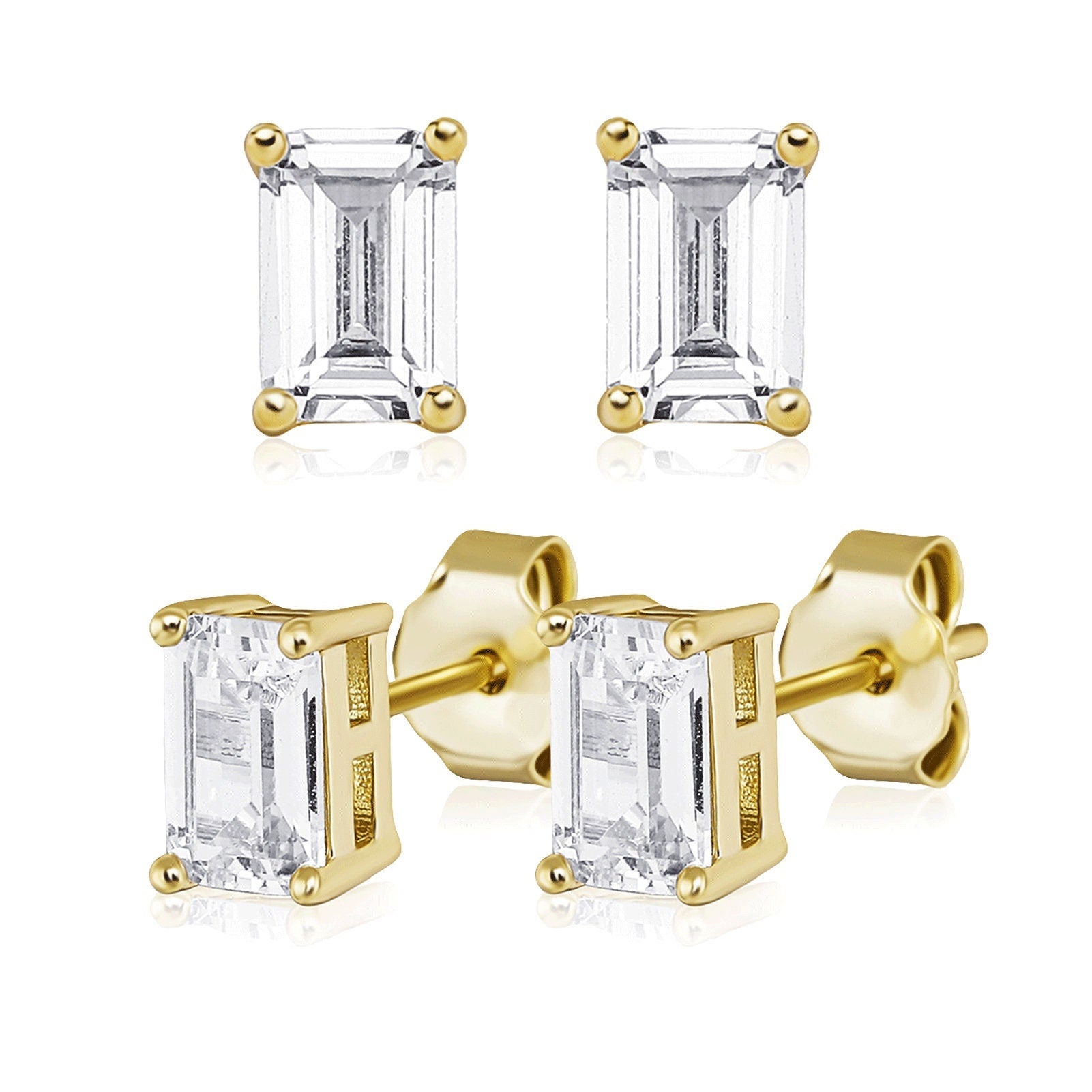 Baguette stud earrings iced out bling cubic zirconia women's earrings gold or silver color