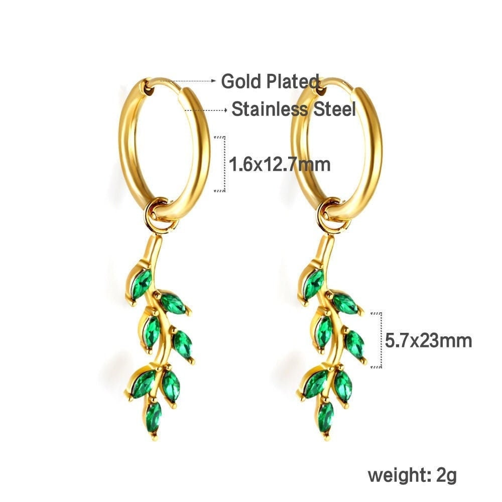 18k gold plating drop earrings jewelry for woman best gift for her stainless steel with green cubic zirconia