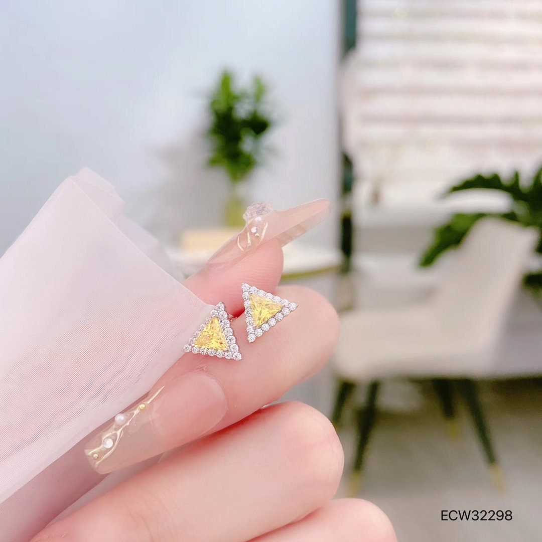 925 sterling silver, earring studs, jewelry rhodium plating, yellow cubic zirconia, gemstone