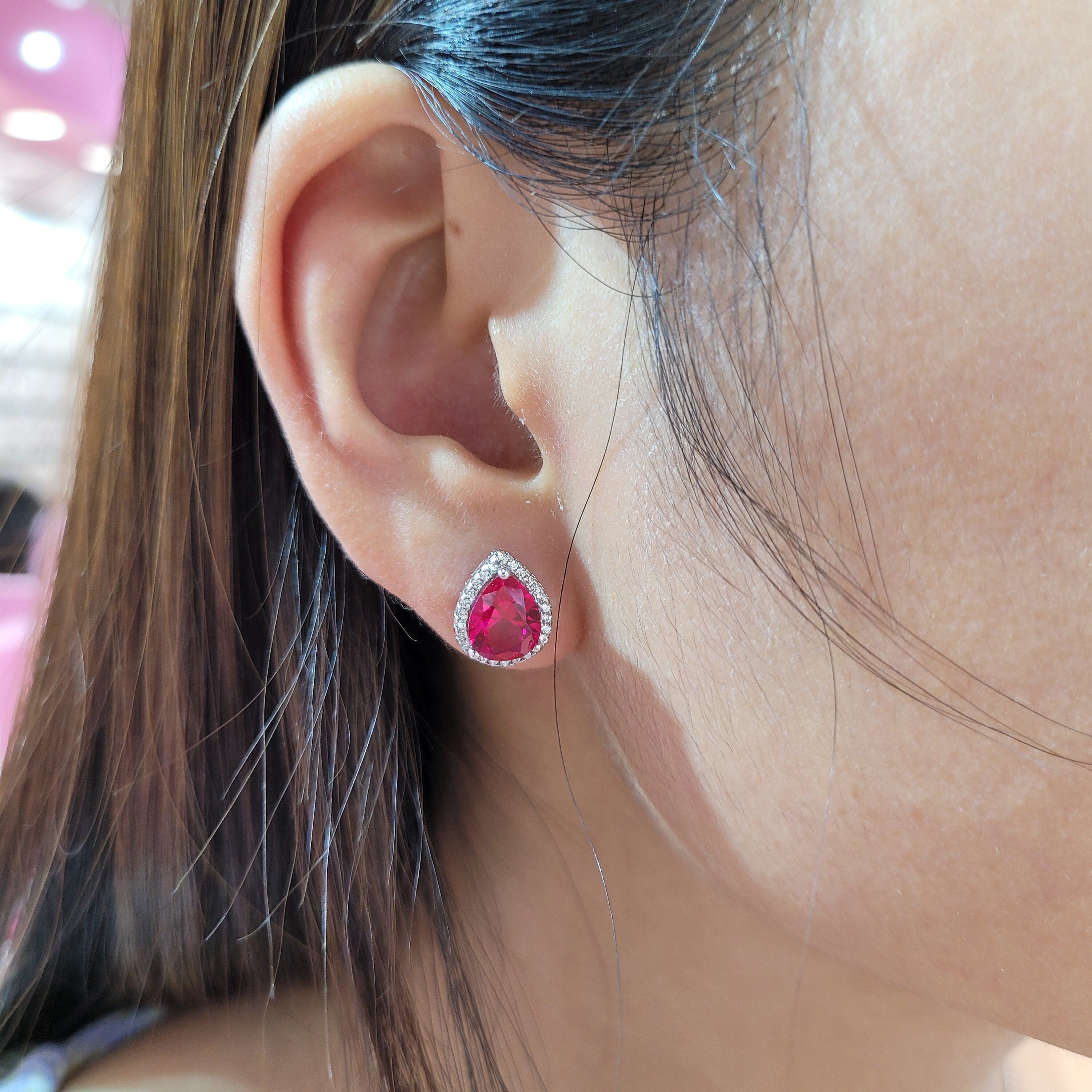 Sparkling red pear stud earrings sterling silver glamour