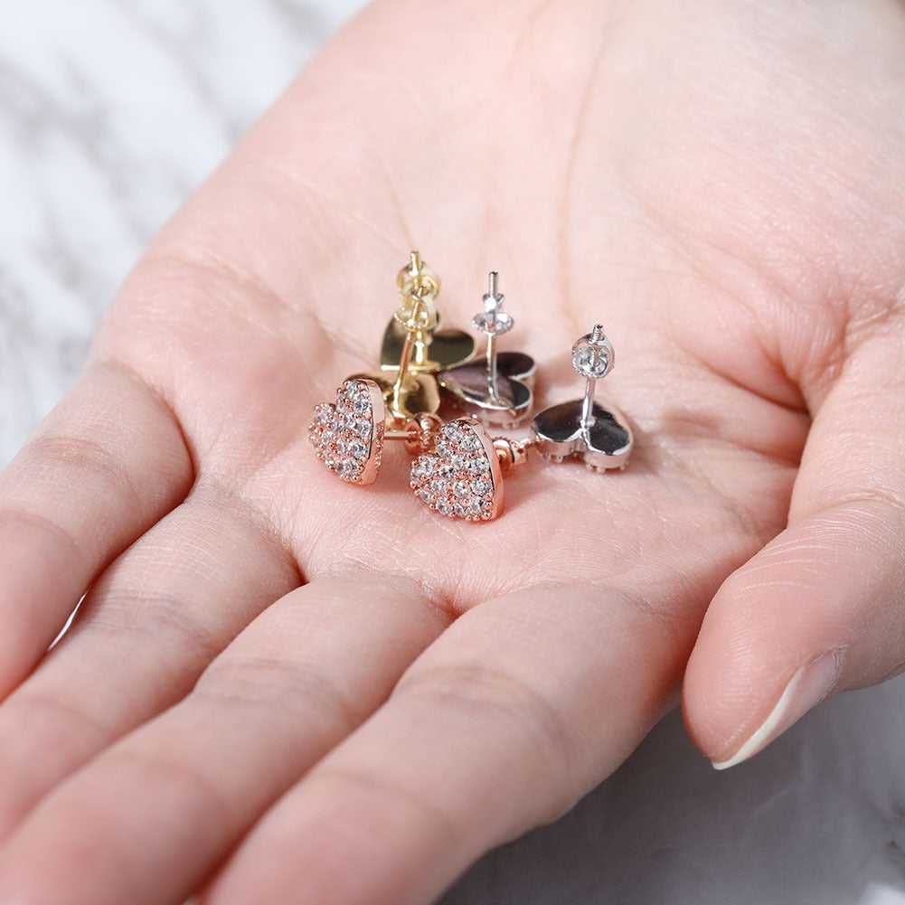 Pave Heart CZ Iced Out Stud Earrings in 925 Sterling Silver