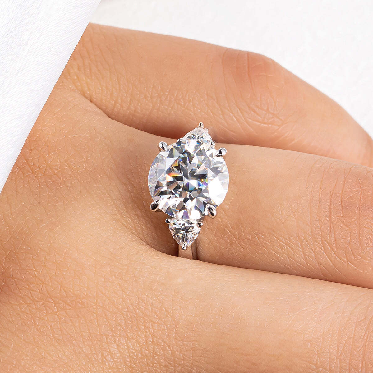 Moissanite Three Stone Engagement Ring With Thick Solid 925 Sterling Silver Band