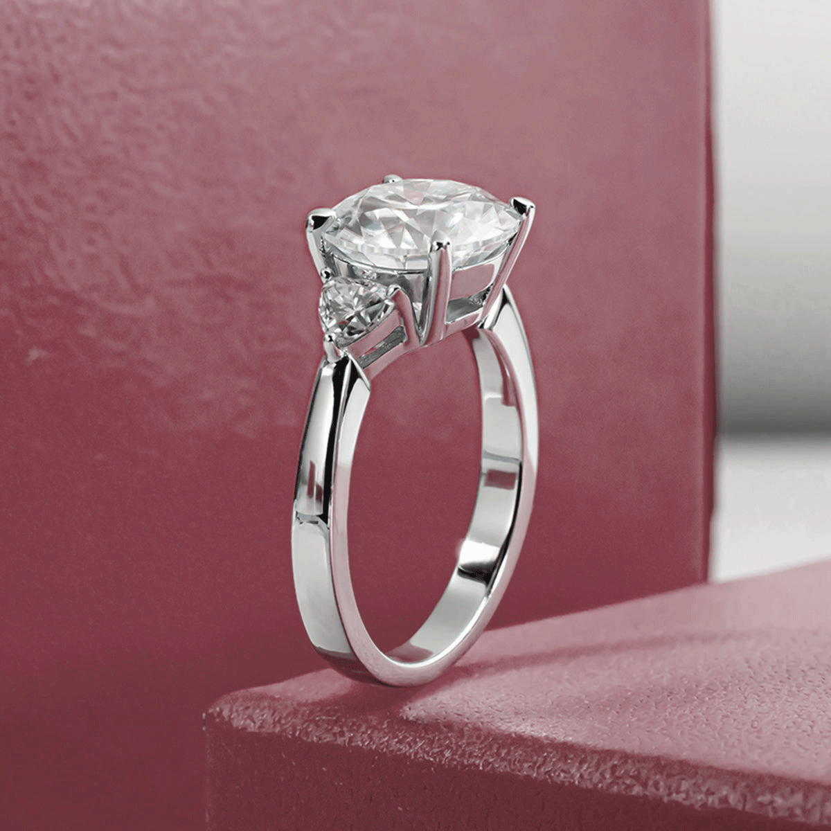 Moissanite Three Stone Engagement Ring With Thick Solid 925 Sterling Silver Band