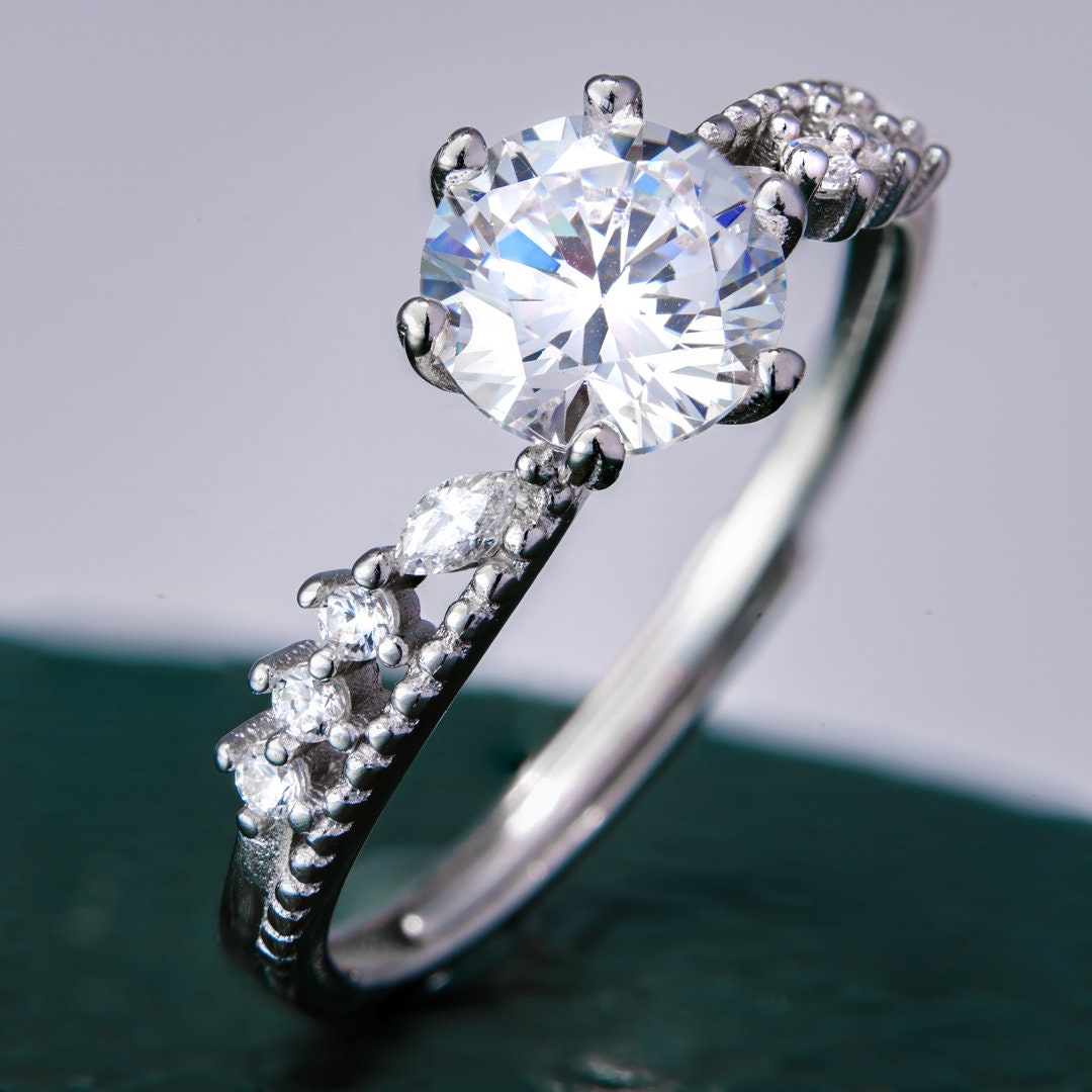 925 sterling silver ring, Rhodium Plating, cubic zircon, Solitaire, adjustable, open ring jewelry.