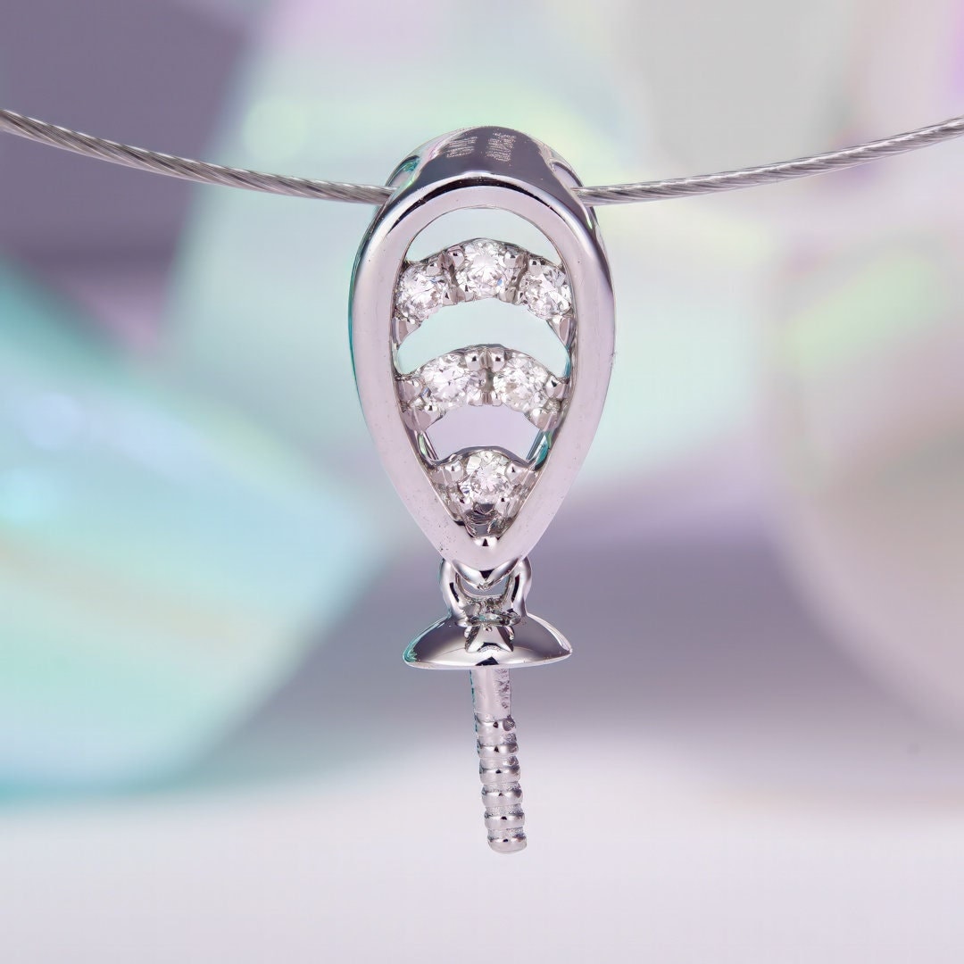 White gold pearl pendant bail - 14k, 0.144ct natural diamond, grtc lab certified
