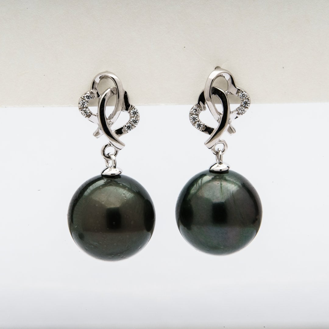 Tahitian pearl earrings 11mm, 925 sterling silver with rhodium finish and cubic zirconia