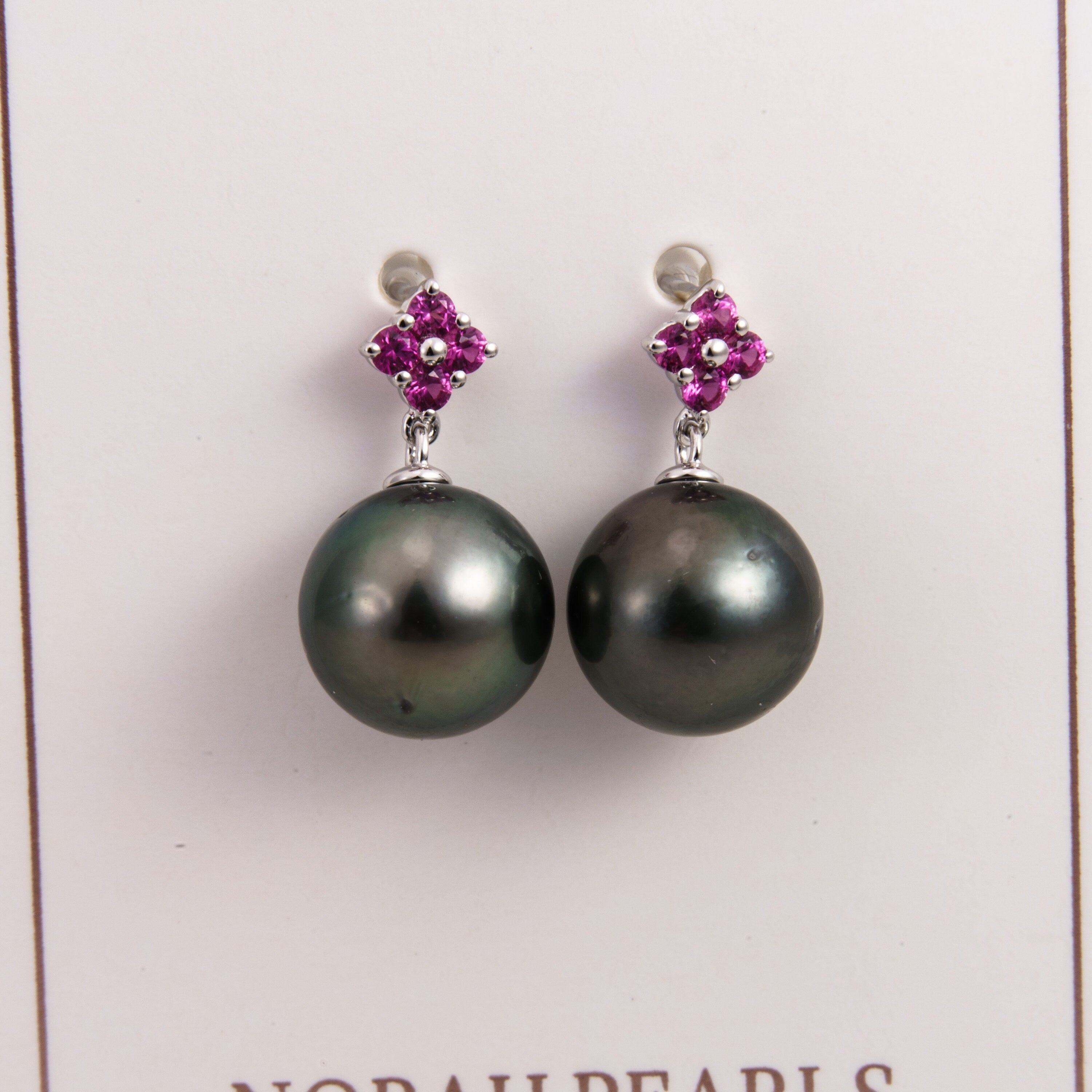 Tahitian pearl earrings 10mm, 925 sterling silver with rhodium finish and cubic zirconia