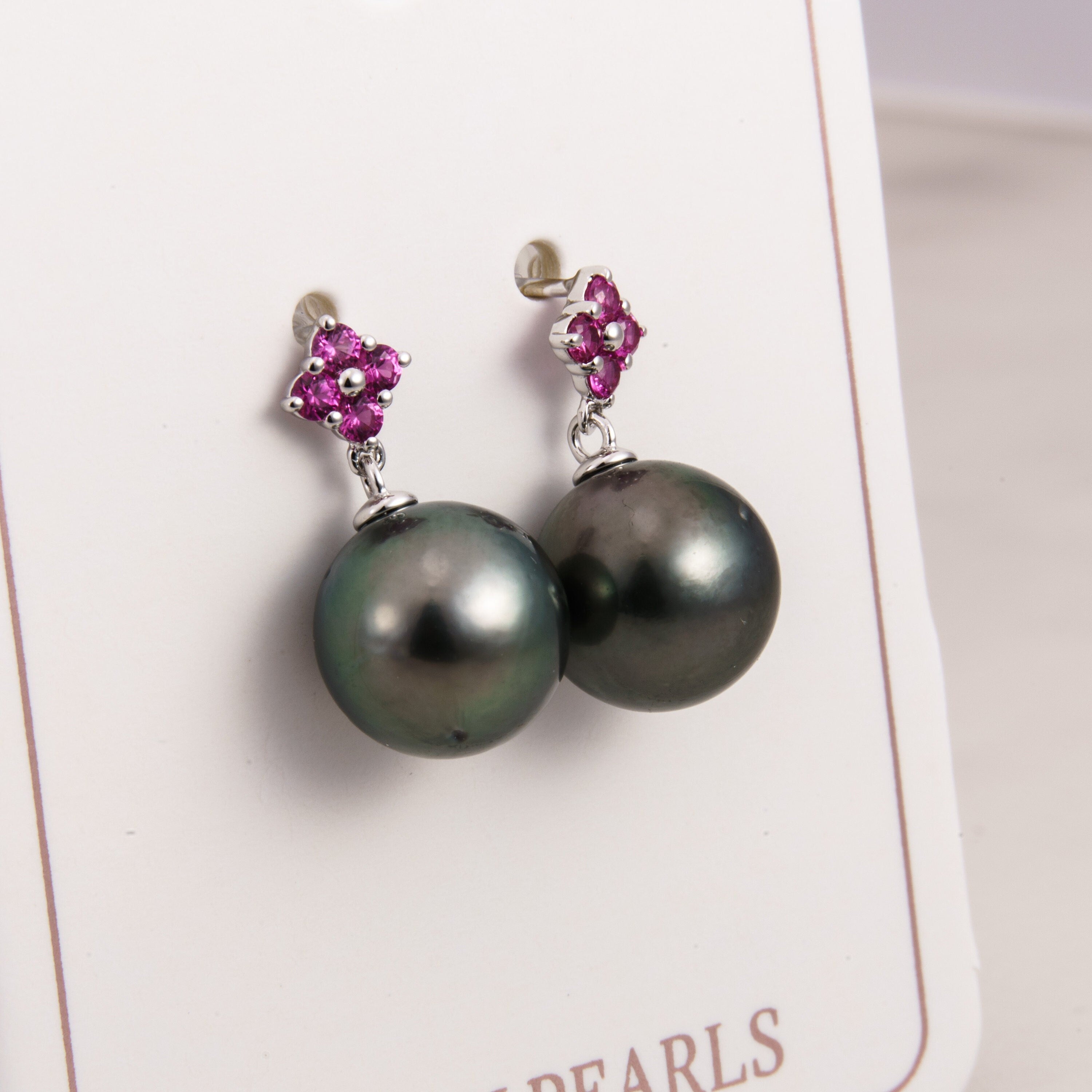 Tahitian pearl earrings 10mm, 925 sterling silver with rhodium finish and cubic zirconia