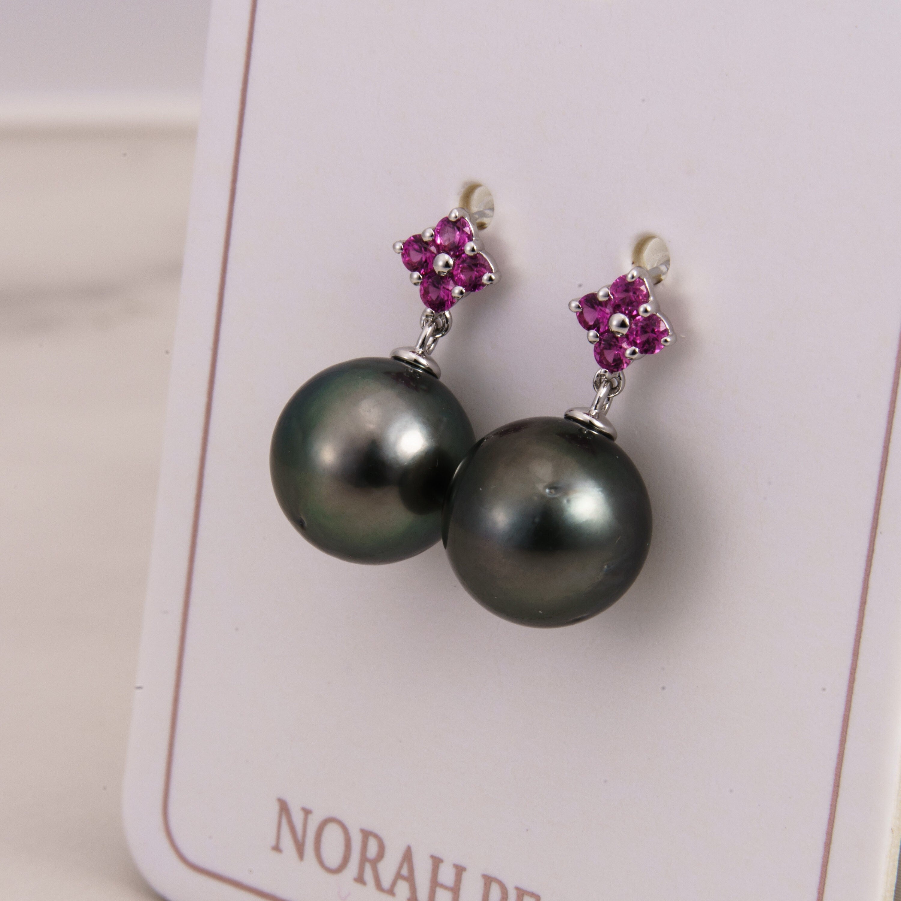 Tahitian pearl earrings 10mm, 925 sterling silver with rhodium finish and cubic zirconia