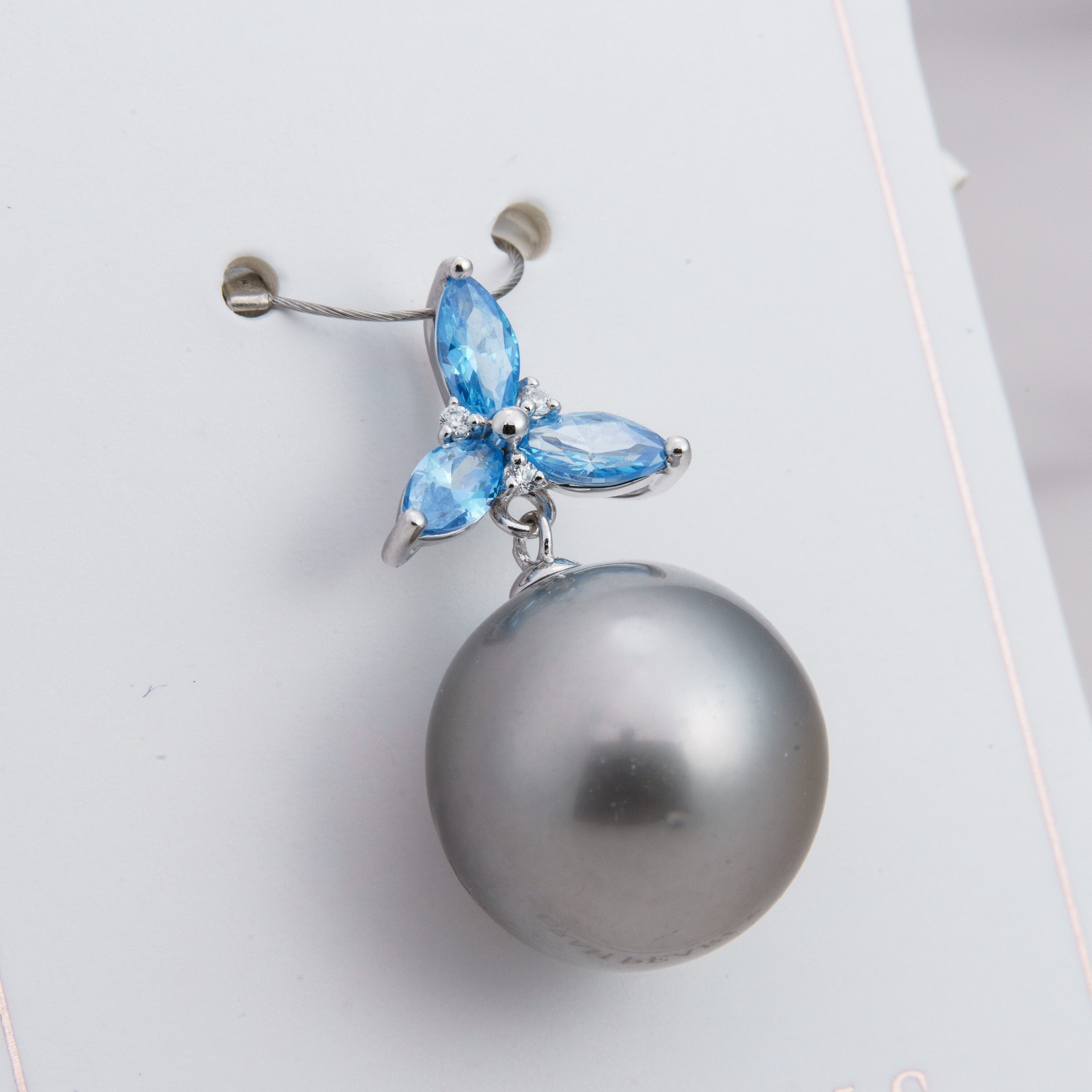 14mm tahitian pearl pendant, 925 sterling silver, rhodium finish, cubic zirconia