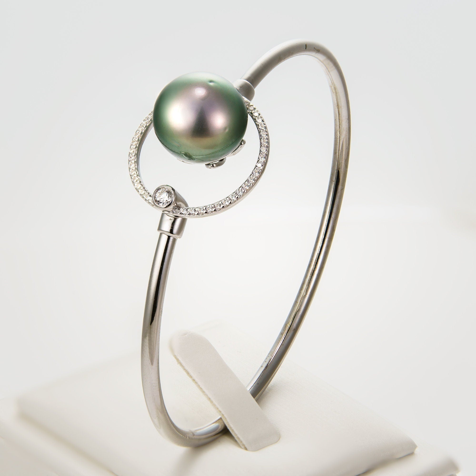 12mm tahitian pearl bangle bracelet, 925 sterling silver with cubic zirconia, 57mm rhodium plating